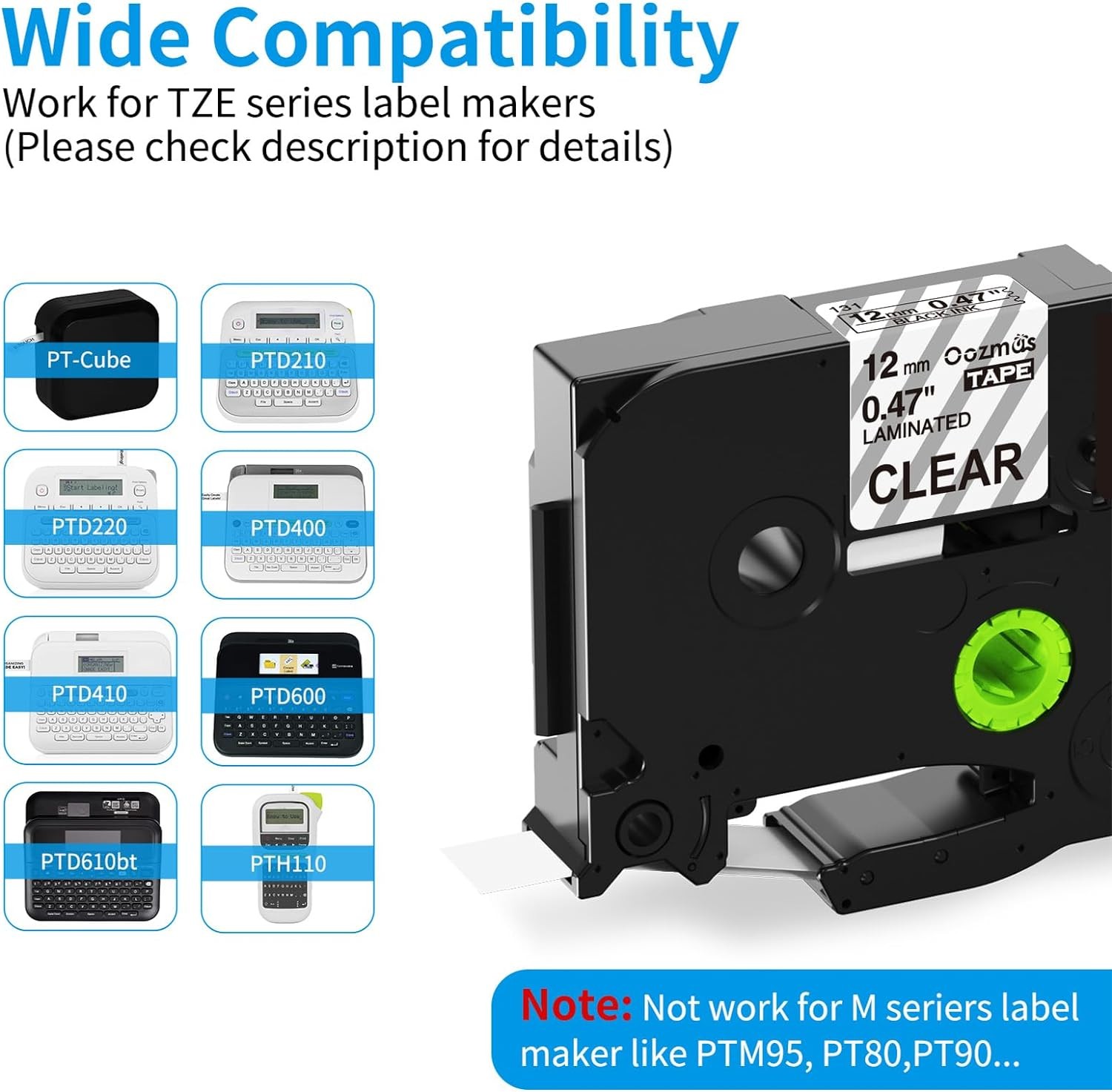 6Pk full-color Compatible Label Maker Tape 12mm for Brother P-Touch TZe PT-D210