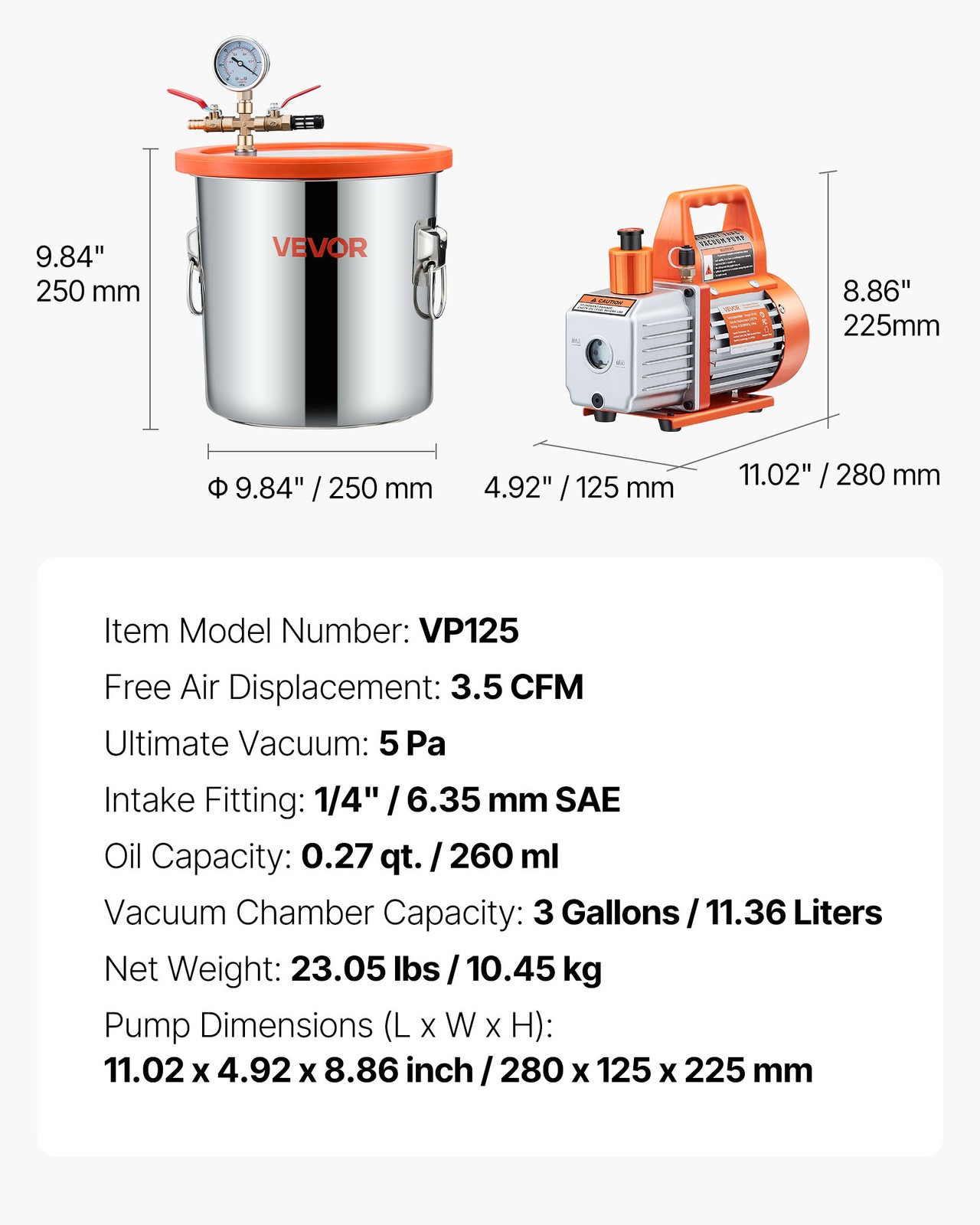 VEVOR 3.5 CFM Single Stage Vacuum Pump 3 Gallon Stainless Degassing Chamber Kit