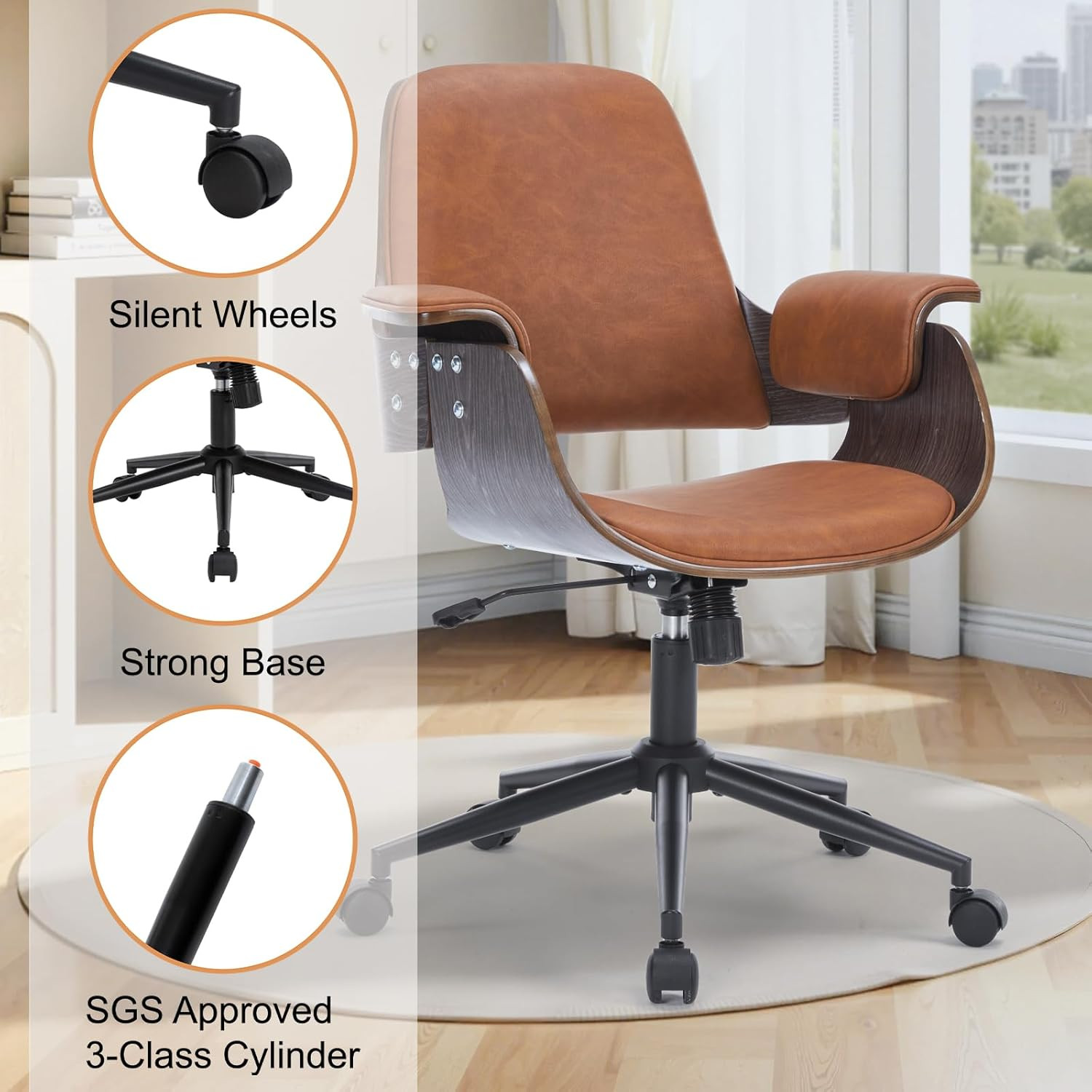 Ergonomic Mid Century Modern Swivel Office Chair with Walnut Finish – Brown
