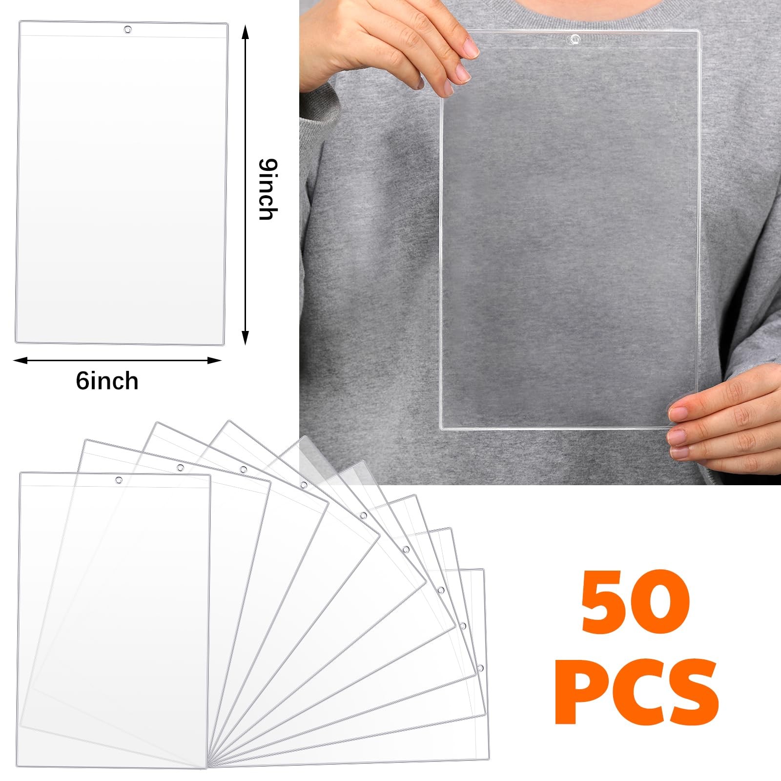 50 Pcs Vinyl Ticket Holders Both Sides Clear 6 x 9 Inches Dry Erase Pocket Sl…