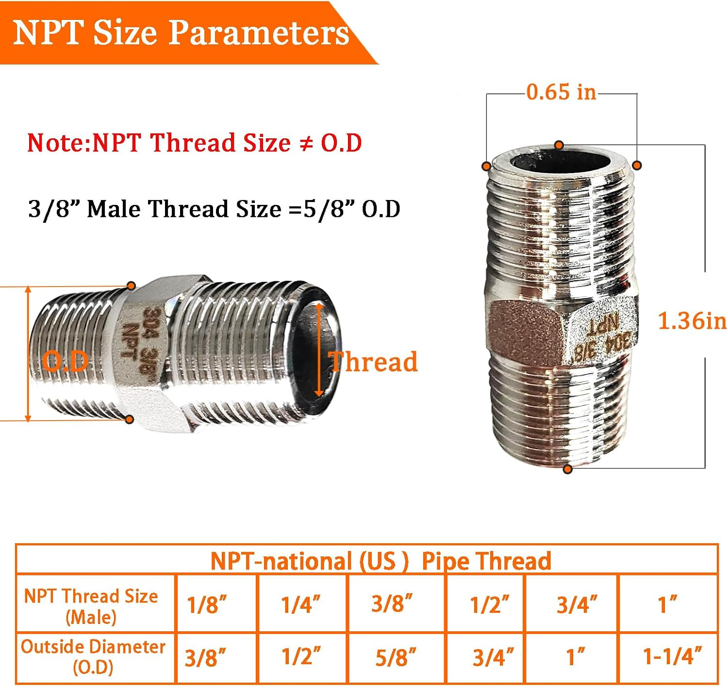 4PCS Hex Stainless Steel Nipple 3/8″NPT Male X 3/8″ NPT Male Pipe Fitting 3/8