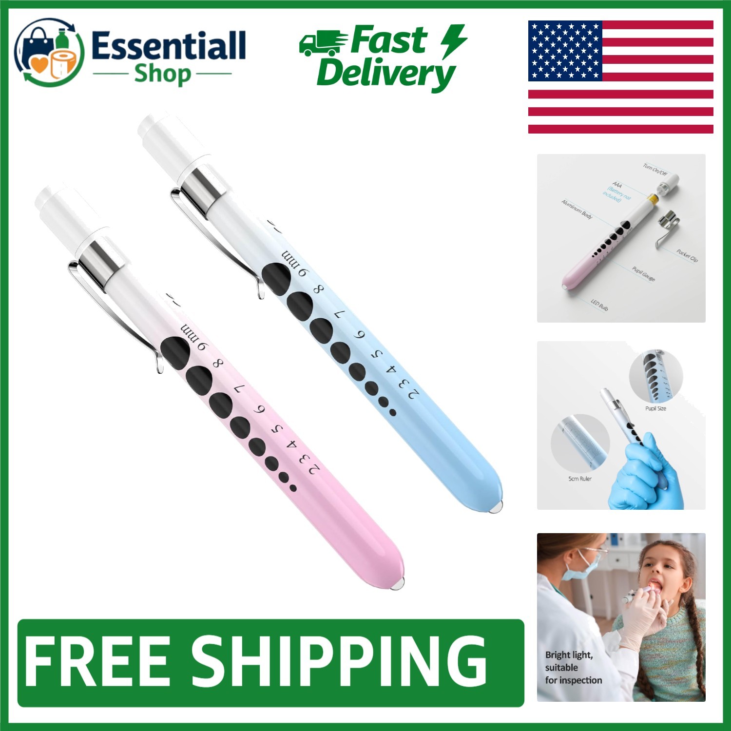 2 Pcs Durable LED Medical Penlight with Pupil Gauge – Gradient Pink & Blue
