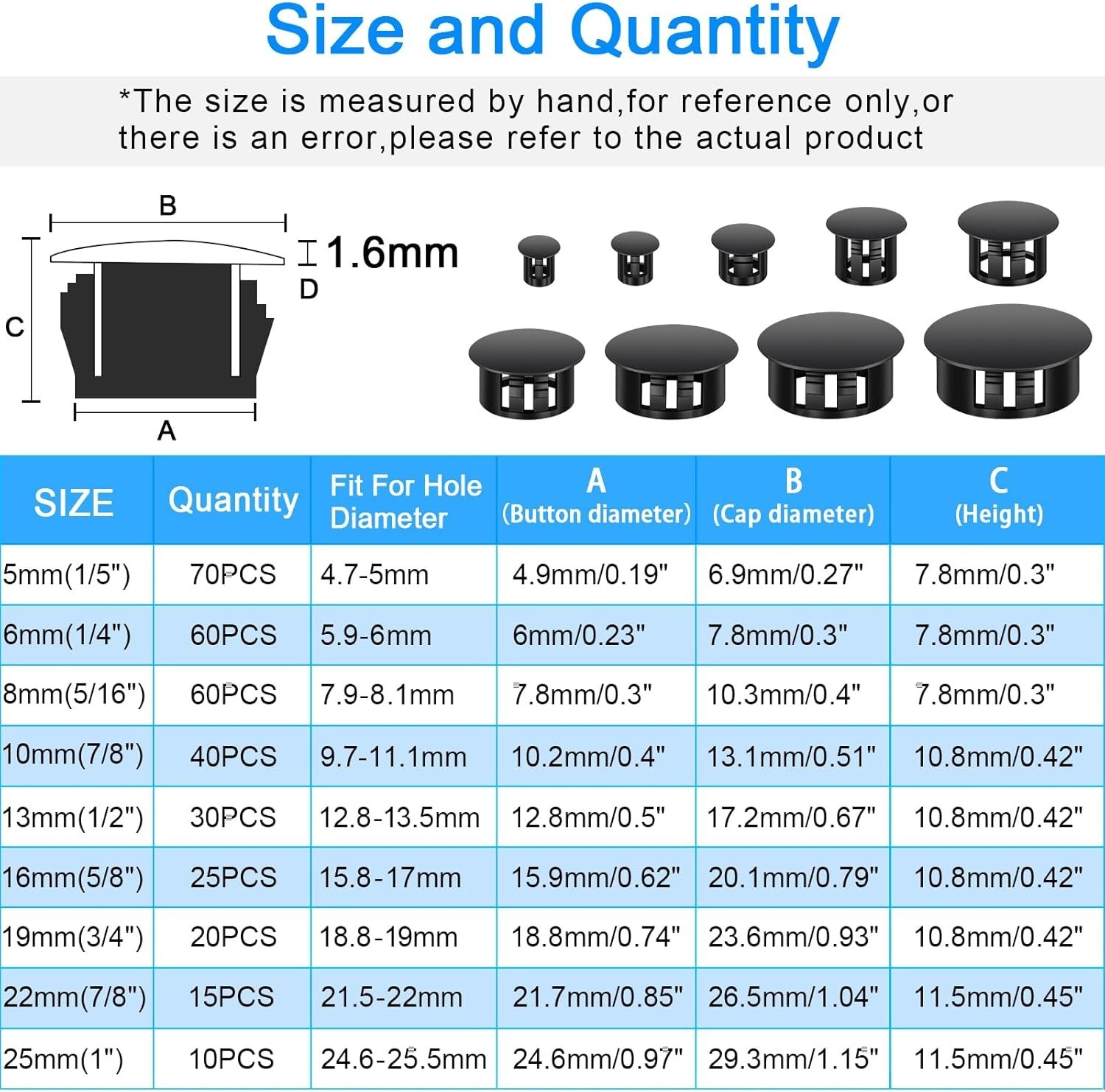 200Pcs 9 Sizes Nylon Plastic Hole Plugs Black Round Hole, Flush Type Panel