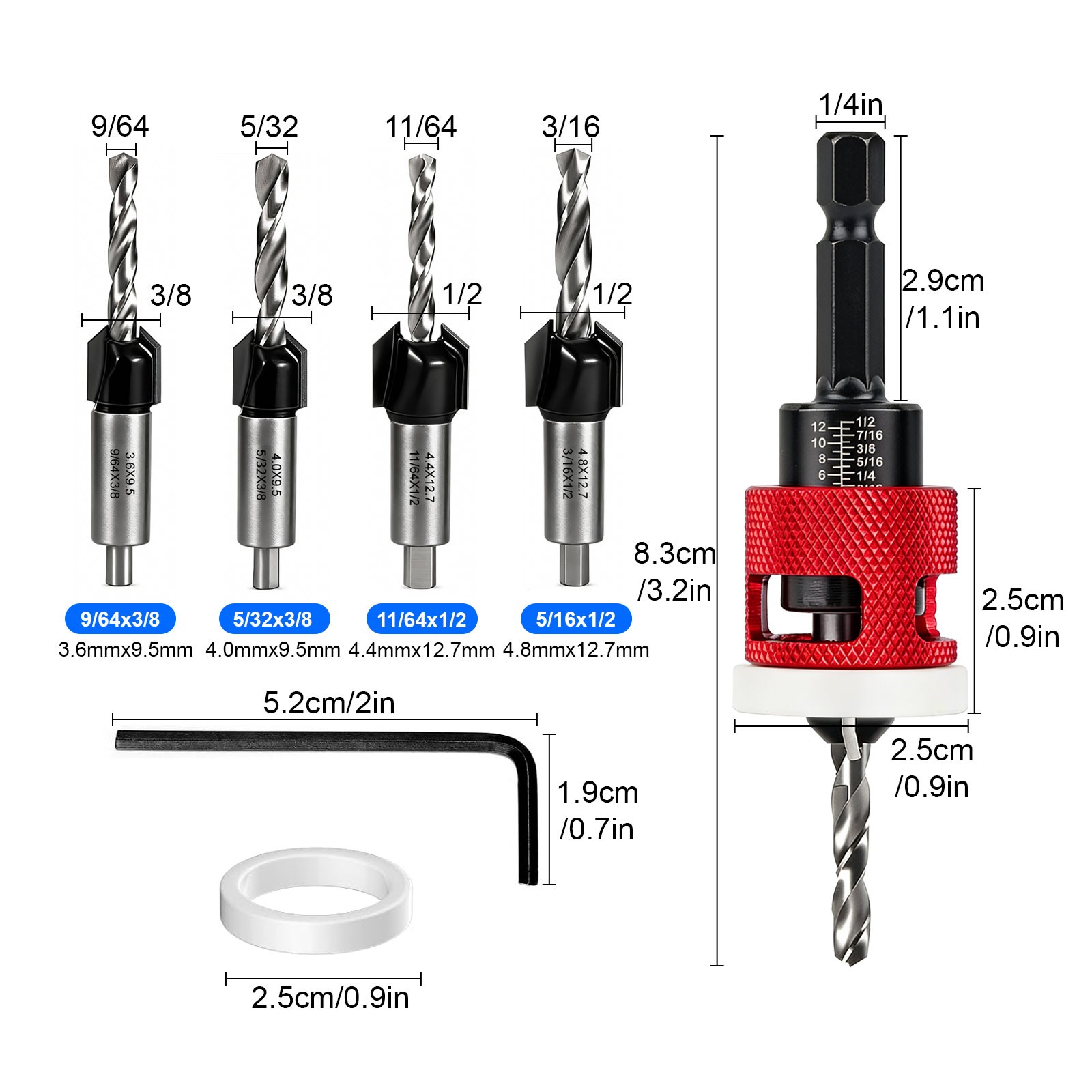 5X1/8-3/16″Countersink Drill Bit Set 82° Woodworking Chamfer Tool 1/4″ Hex Shank