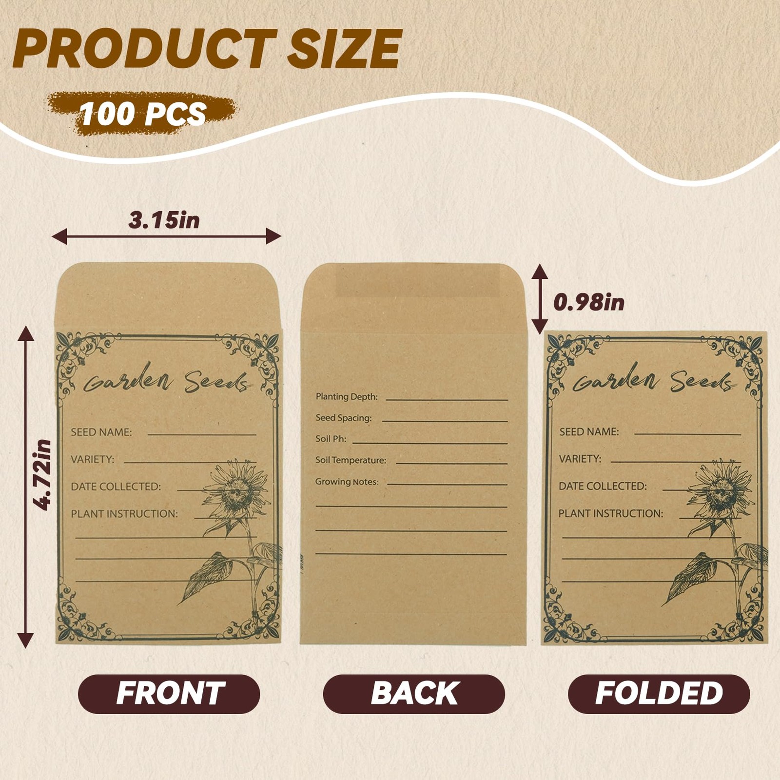 100Pcs Seed Envelopes Seed Packets Self Adhesive Sealing 4.72 * 3.15 Inch New