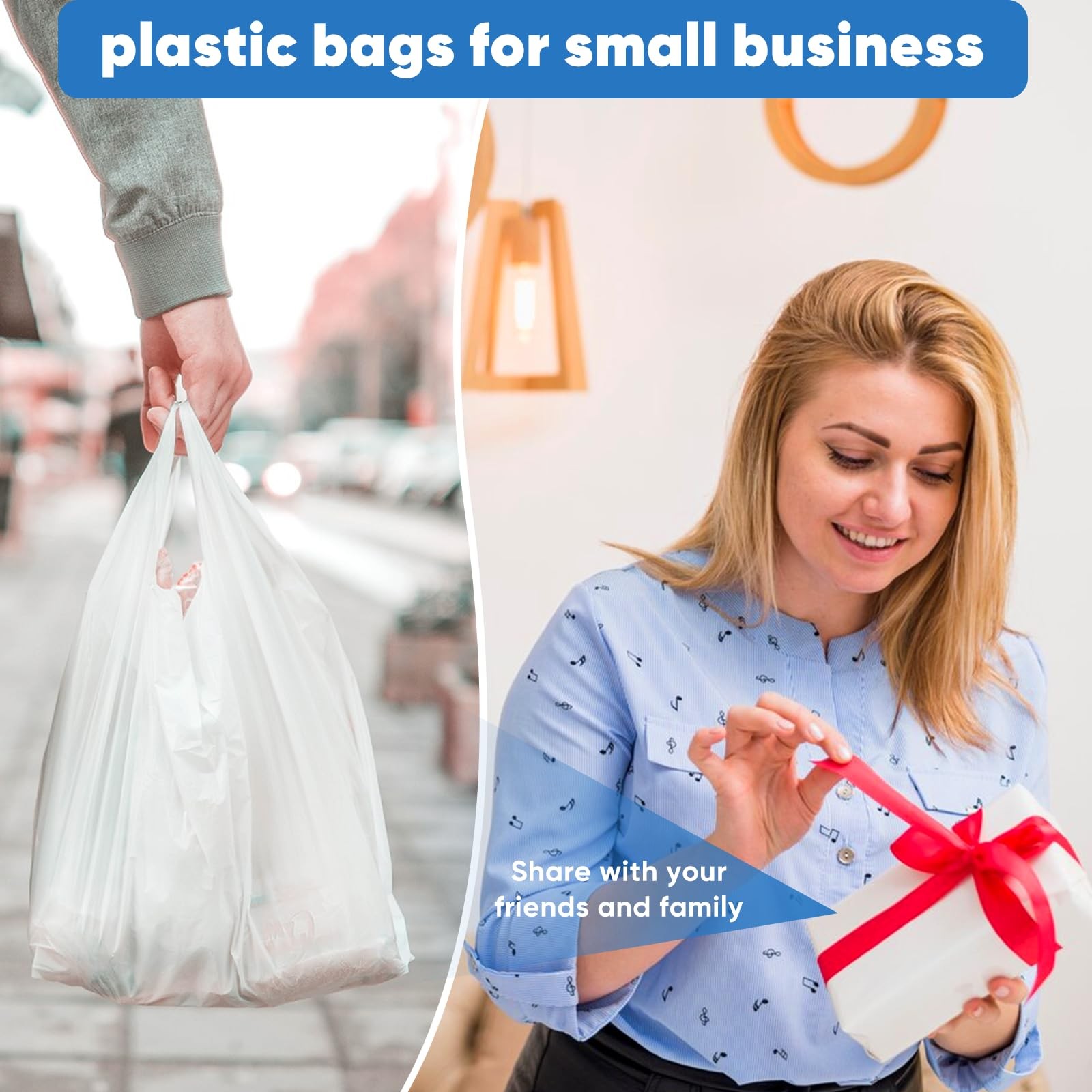 T Shirt Bags, 1000 Count, With Handles Recyclable White Plastic 11″x 6″x 21″