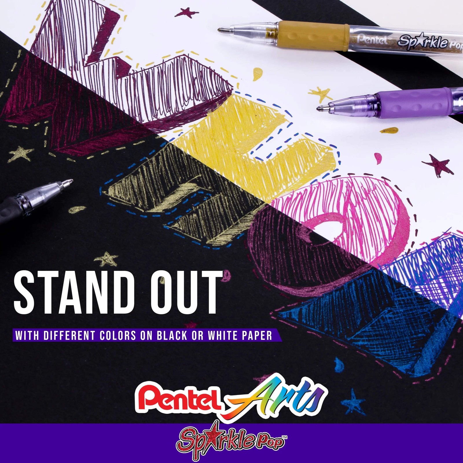 Pentel Sparkle and Krazy Pop, Metallic Gel Ink Pen, (1.0mm), Bold Line, Assorted