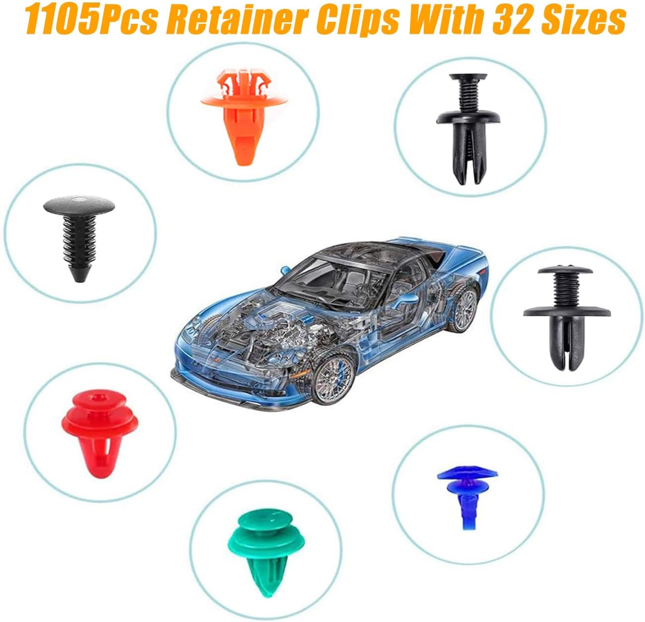 1240Pcs Car Push Retainer Clips & Auto Fasteners Kit 32 Most Popular Sizes Nylon