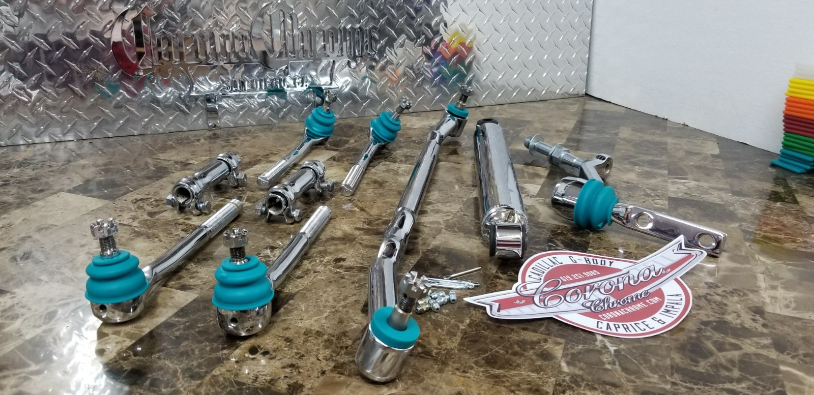 Chrome Steering Linkage Kit with Damper Shock 77-96 Cadillac/Caprice