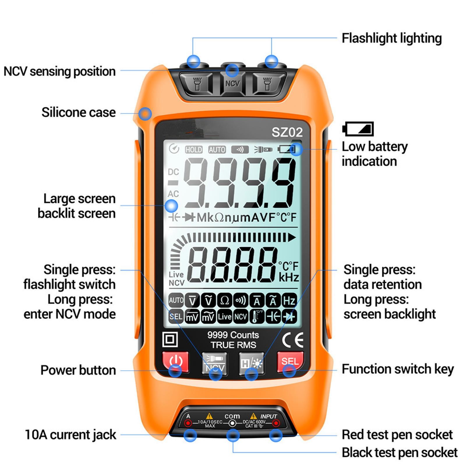 Digital Multimeter 9999 Counts DC/AC Voltage Current Resistance Tester True RMS;