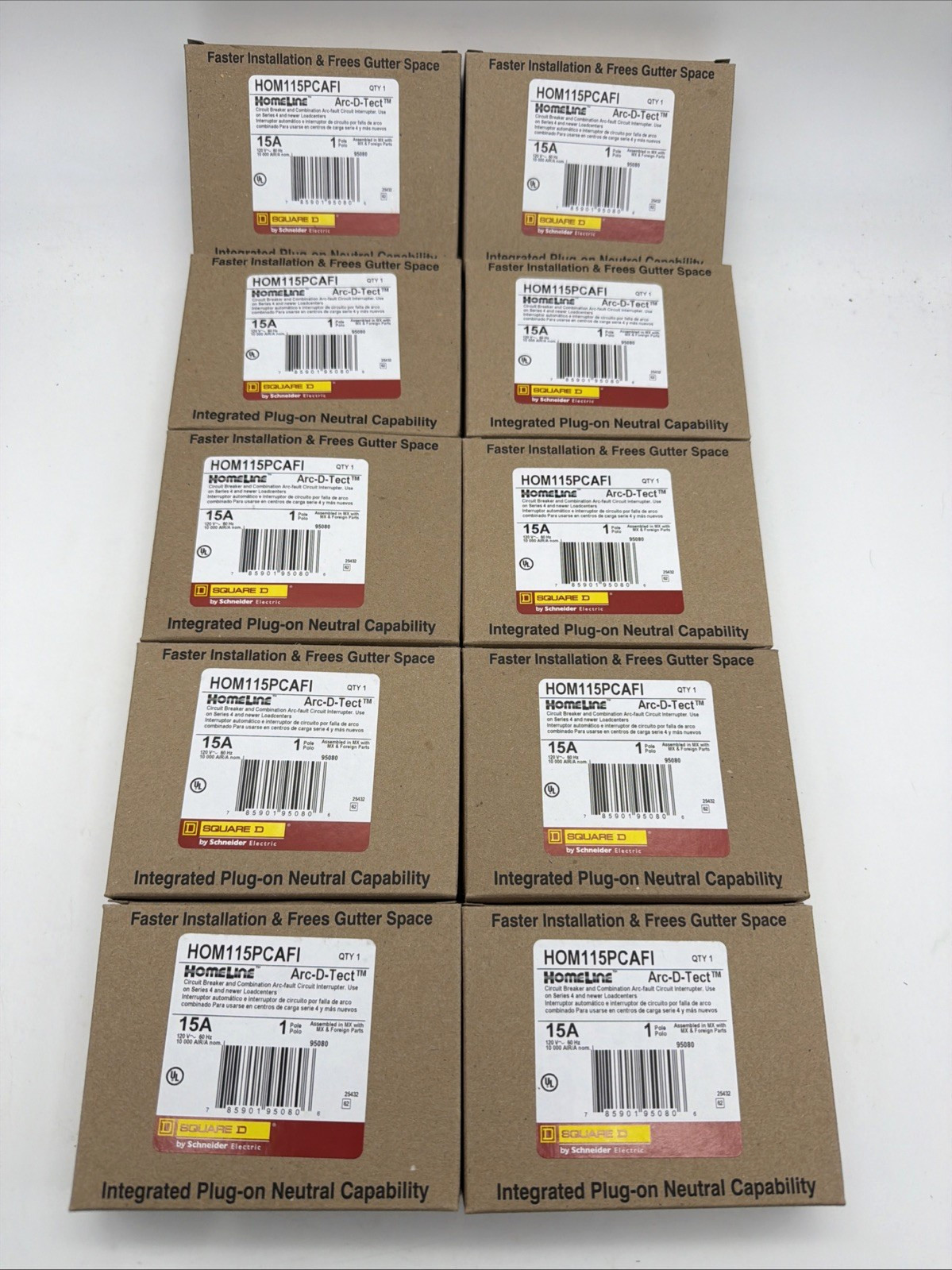 SQUARE D HOM115PCAFI 15A ARC FAULT AFCI PLUG-ON NEUTRAL BREAKER NEW LOT OF 10