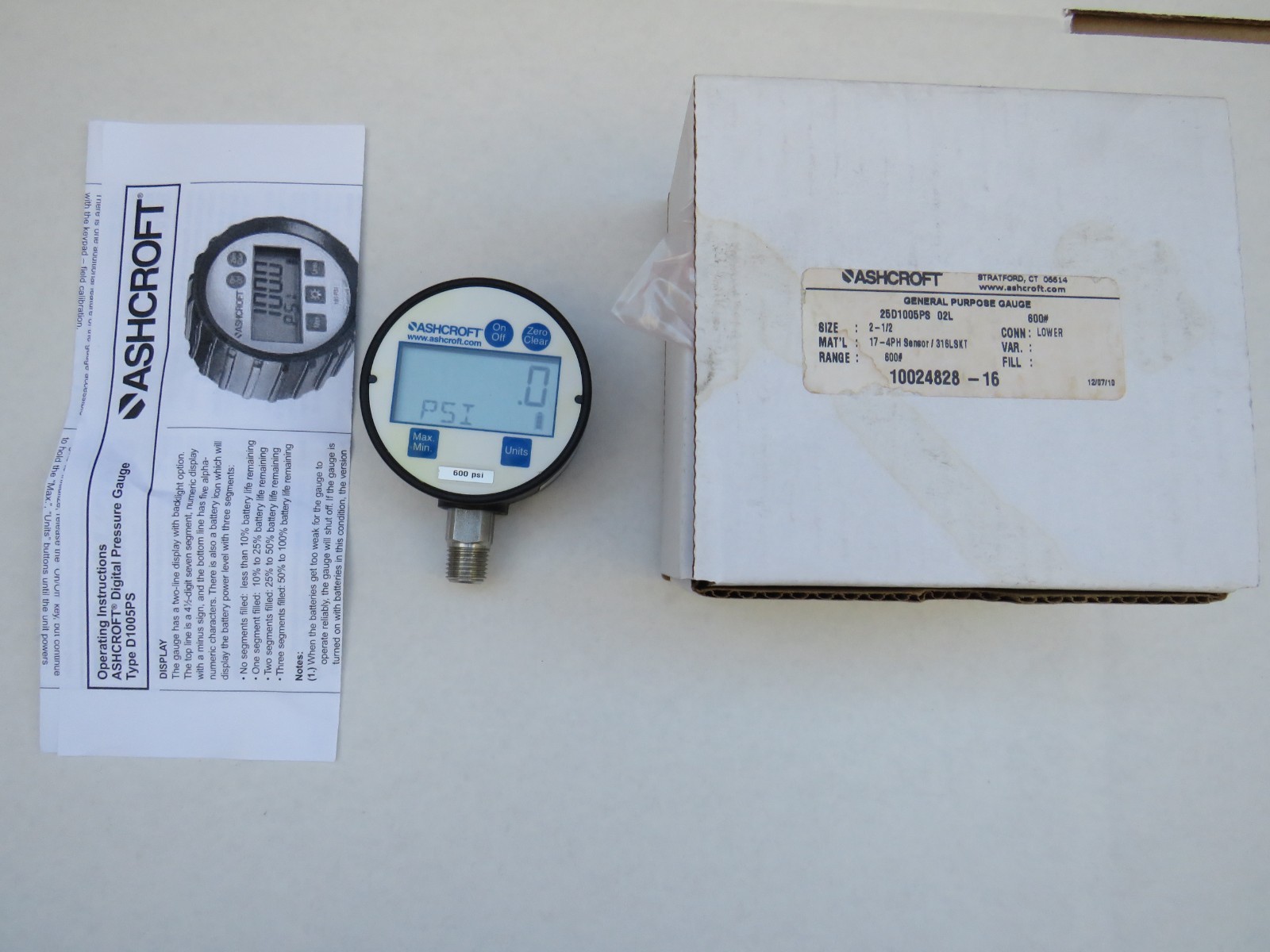 Ashcroft Digital Pressure Gauge 600 PSI 25D1005PS02L 600# 0.5% FS 1/4 NPT 2.5 IN