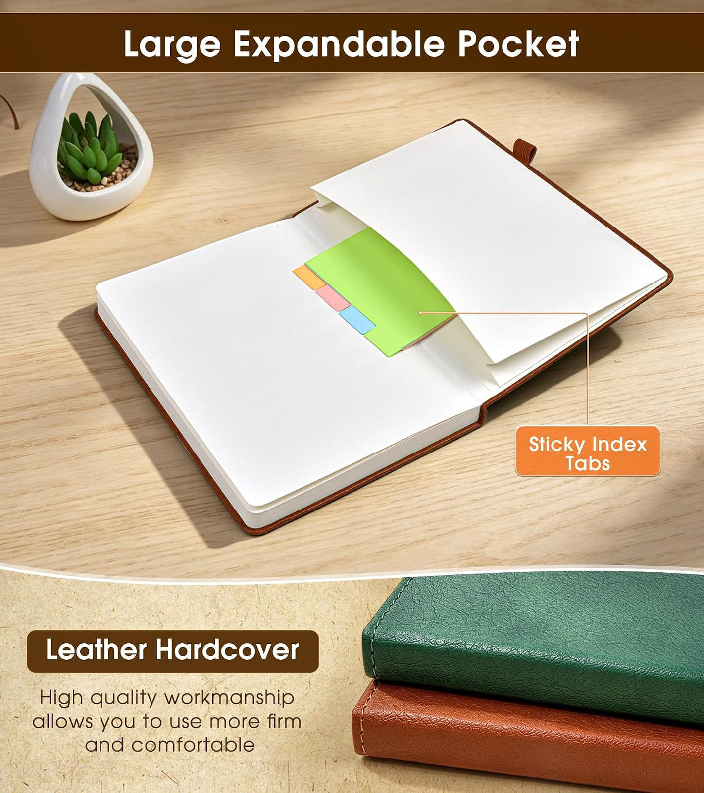 Lined Journal Notebook, A5 Hardcover Leather, 160 Pages, Brown, For Writing and