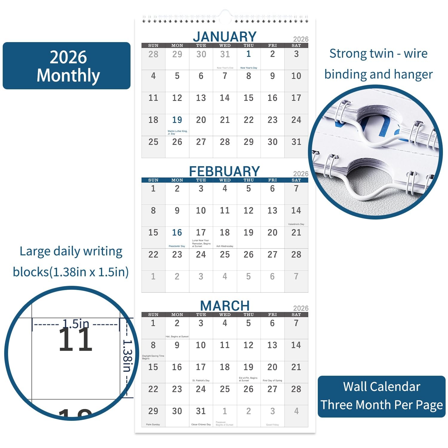 2026 Calendar – 3 Month 2026 Wall Vertical Display (Folded in a…