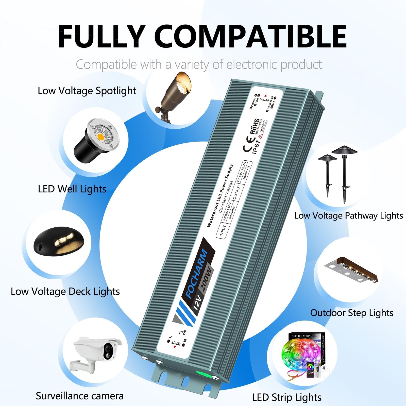 Waterproof LED-Driver Outdoor Transformer: DC12V 200W 16.7A – IP67 – AC 90-13…