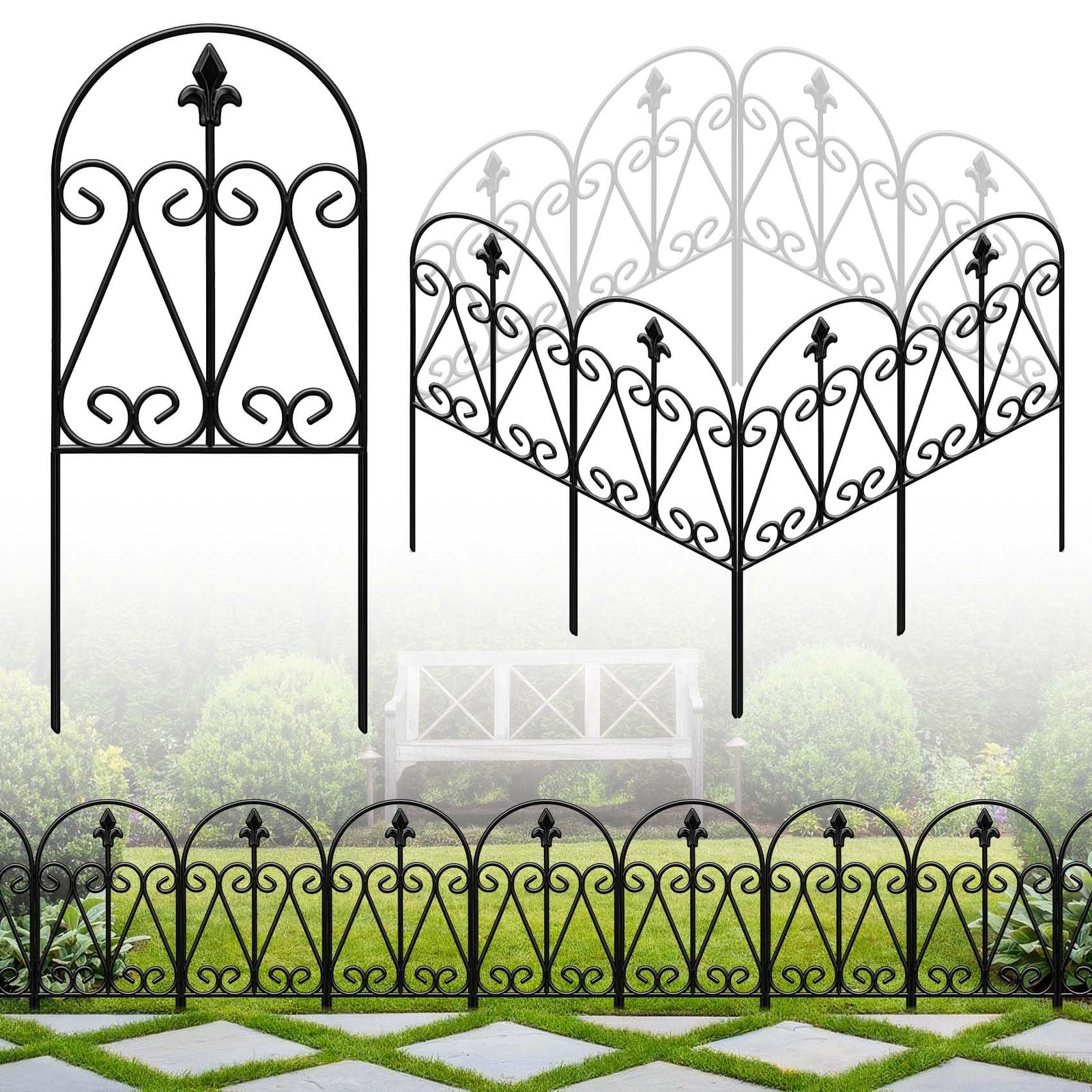HIHADUUM 24.5in (H) x 10.8ft(L) Decorative Garden Fence, 10 Pack Heavy Black