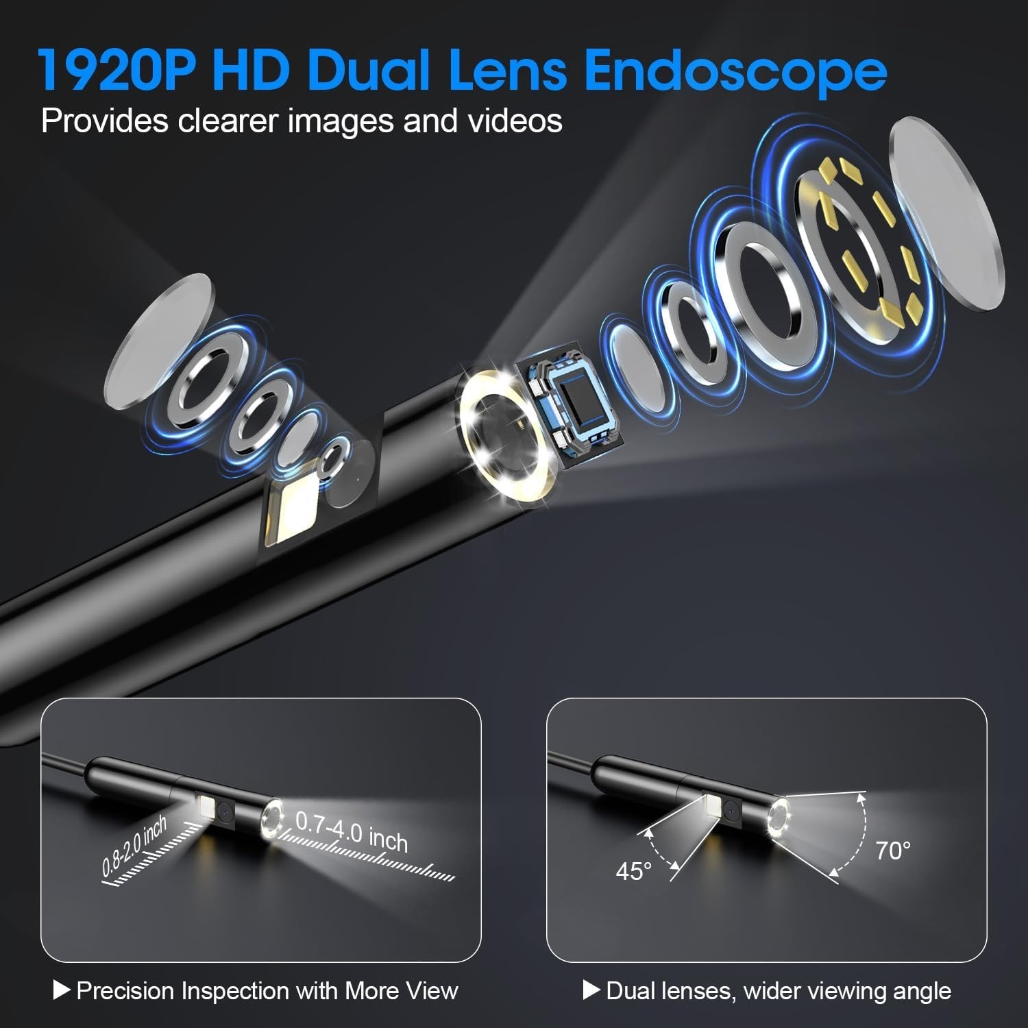 Endoscope with Light, 1920P HD Borescope with 8 Adjustable LED Lights, Semi-Rigi