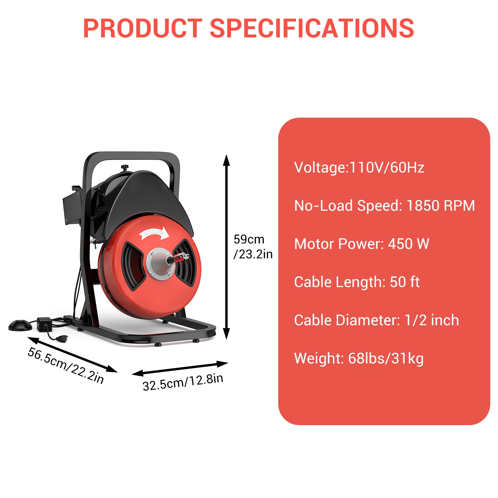 Electric Drain Cleaner Machine 50FT x 1/2″ 450W Auto-Feed Sewer Snake Auger