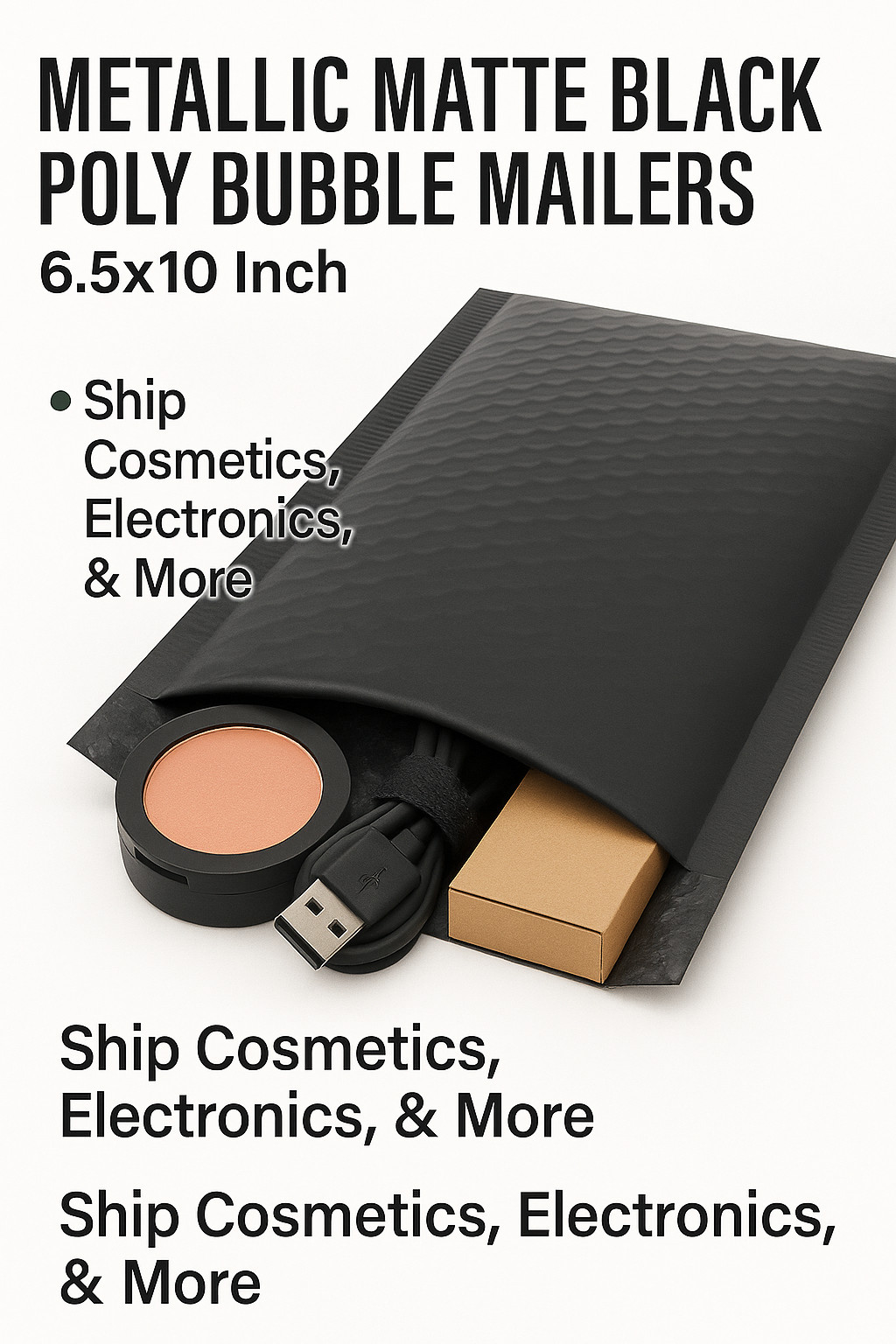 #0 Poly Bubble Mailers 6.5×10 – Self-Seal Padded Envelopes –Metallic Matte Black