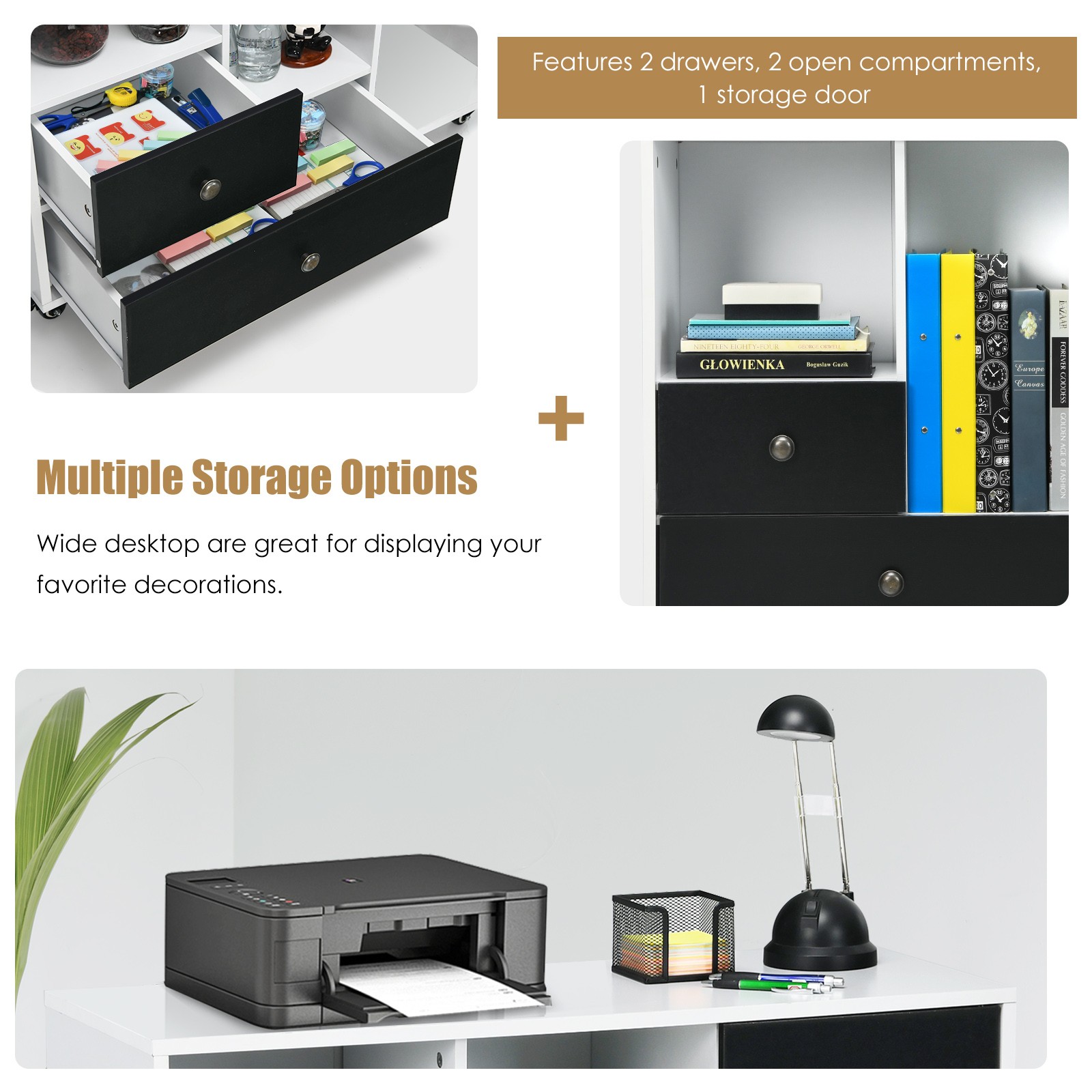 Costway Lateral Mobile Filing Cabinet Large Printer Stand w/2 Drawers White