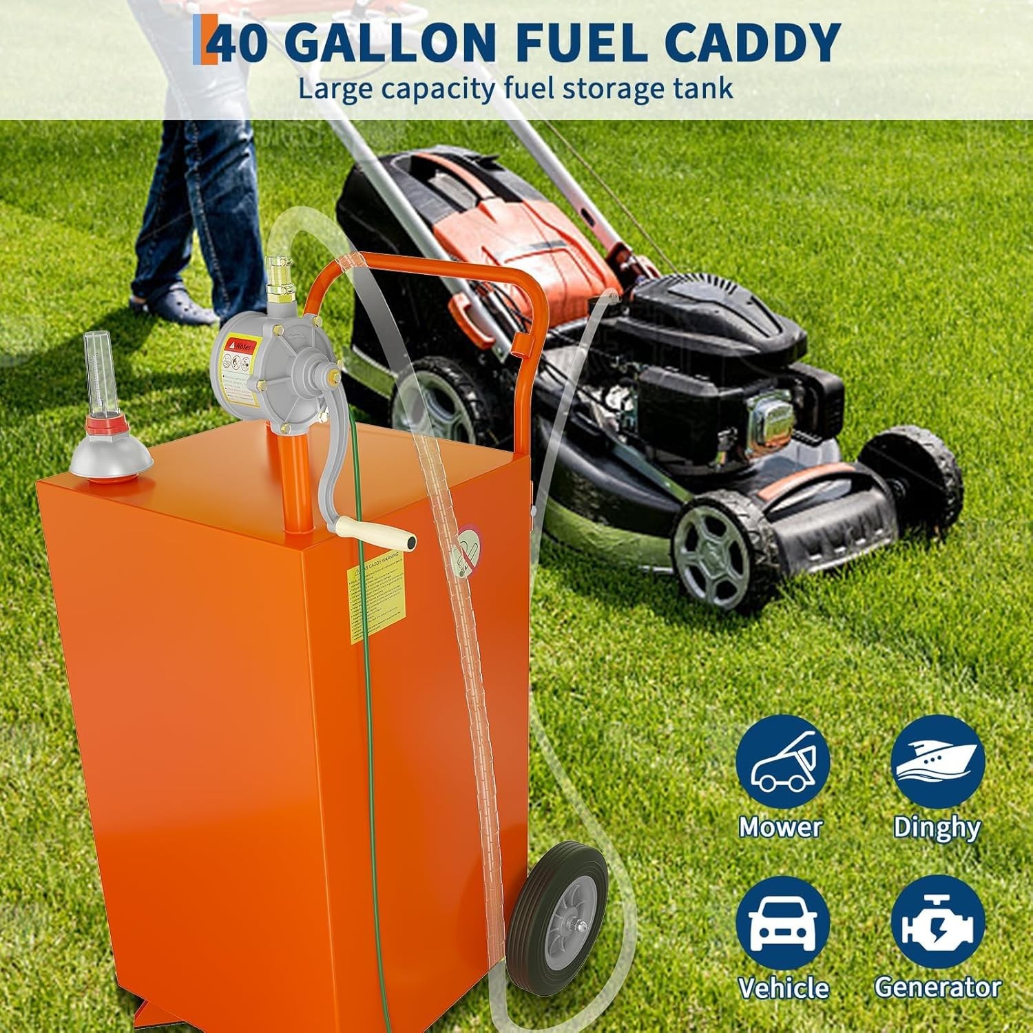 40 Gallon Fuel Caddy Fuel Storage Tank 2 Wheels with Transfer Pump, Orange