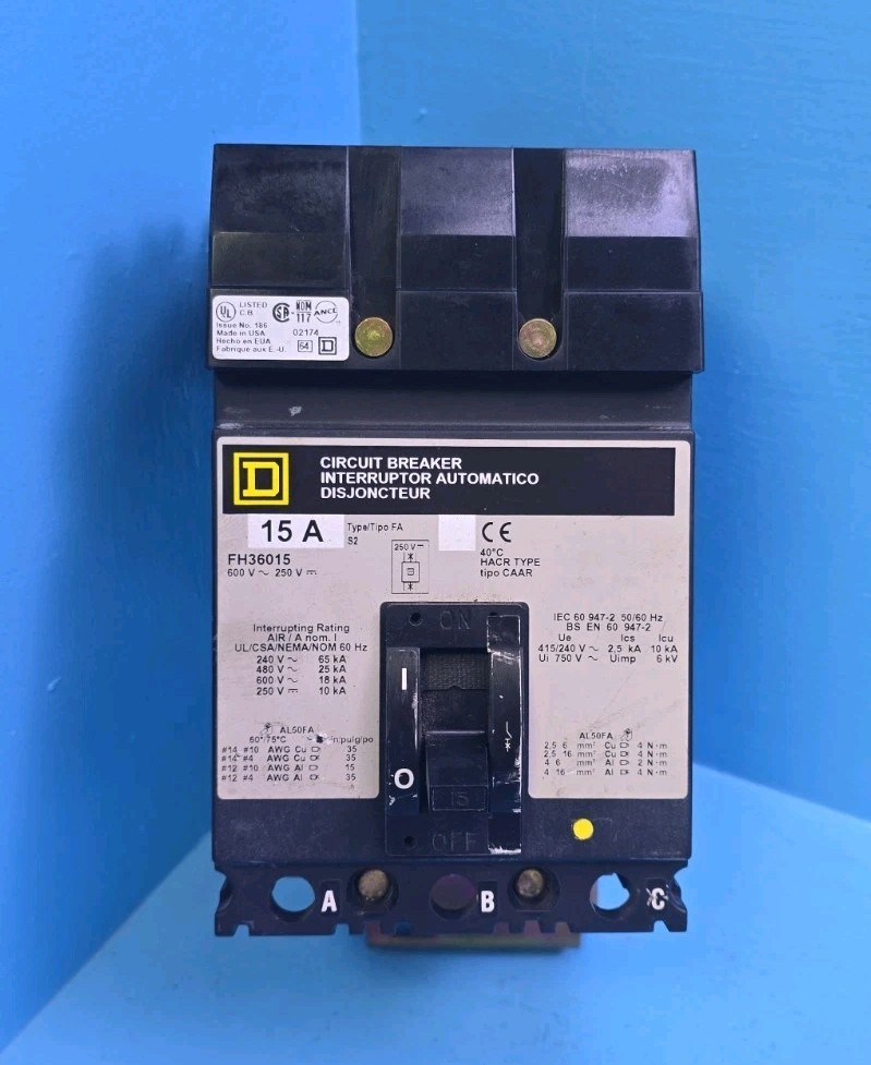 Square D FH36015 15A 600V 3Pole ILine Circuit Breaker