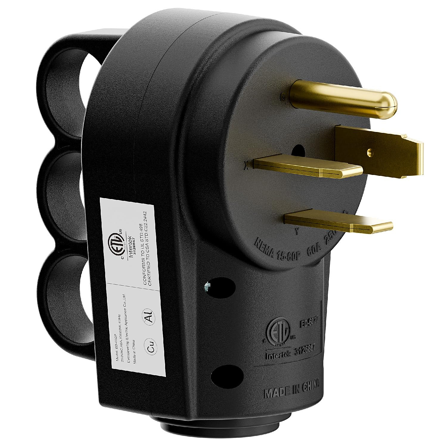 NEMA 15-60P Rewirable Plug, 60 Amp 250V 3-Prong Heavy-Duty Male Plug, ETL Listed