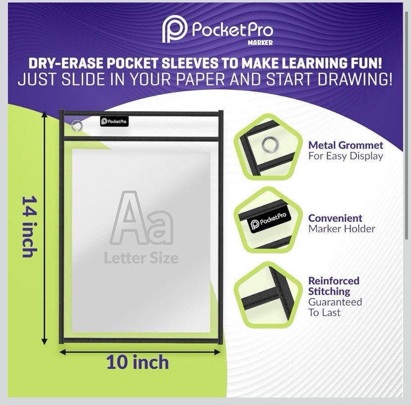 PocketPro Dry Erase Pockets 6 Pack 14”x 10” Reusable Sleeves Perfect for Class