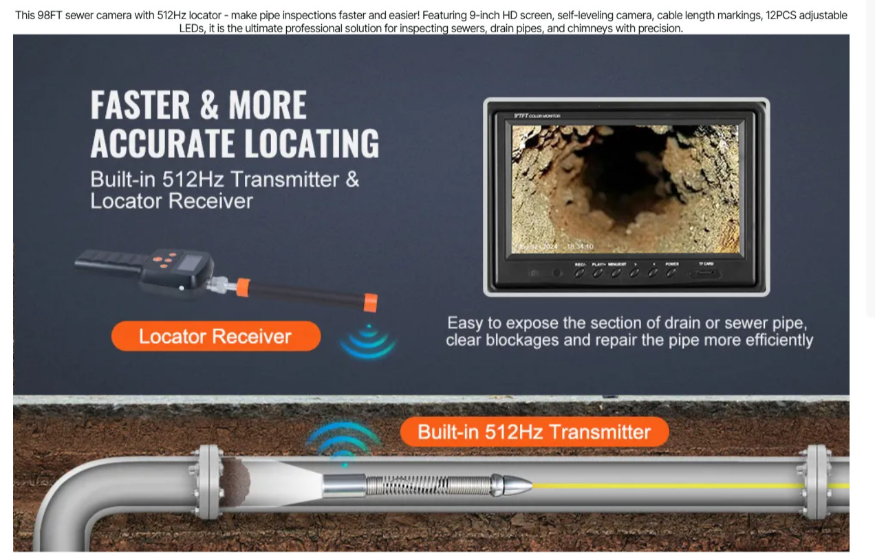 VEVOR Sewer Camera with 512Hz Locator, 98 ft/30 m (Open Box)