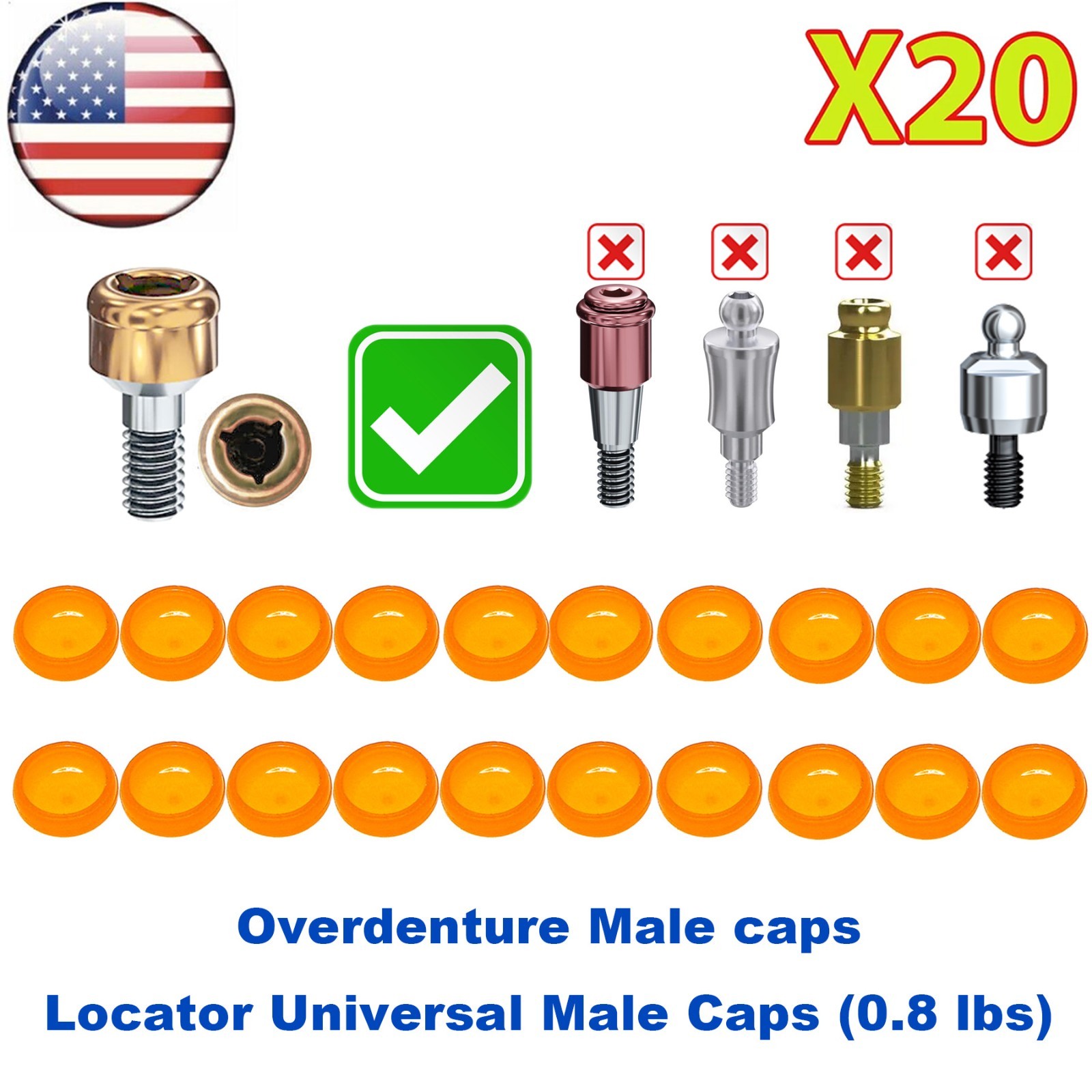 US 20Pcs Dental Overdenture Locator Retention Cap Inserts For Implant Abutment