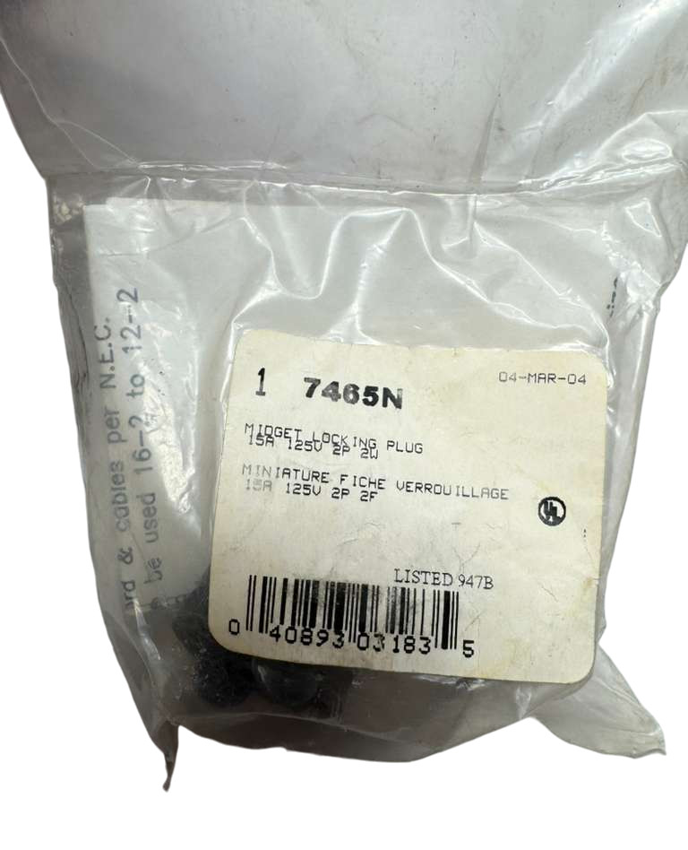 Arrow Hart 7465N Midget Locking Male Plug, 15A, 125V, 2-Pole, 2-Wire