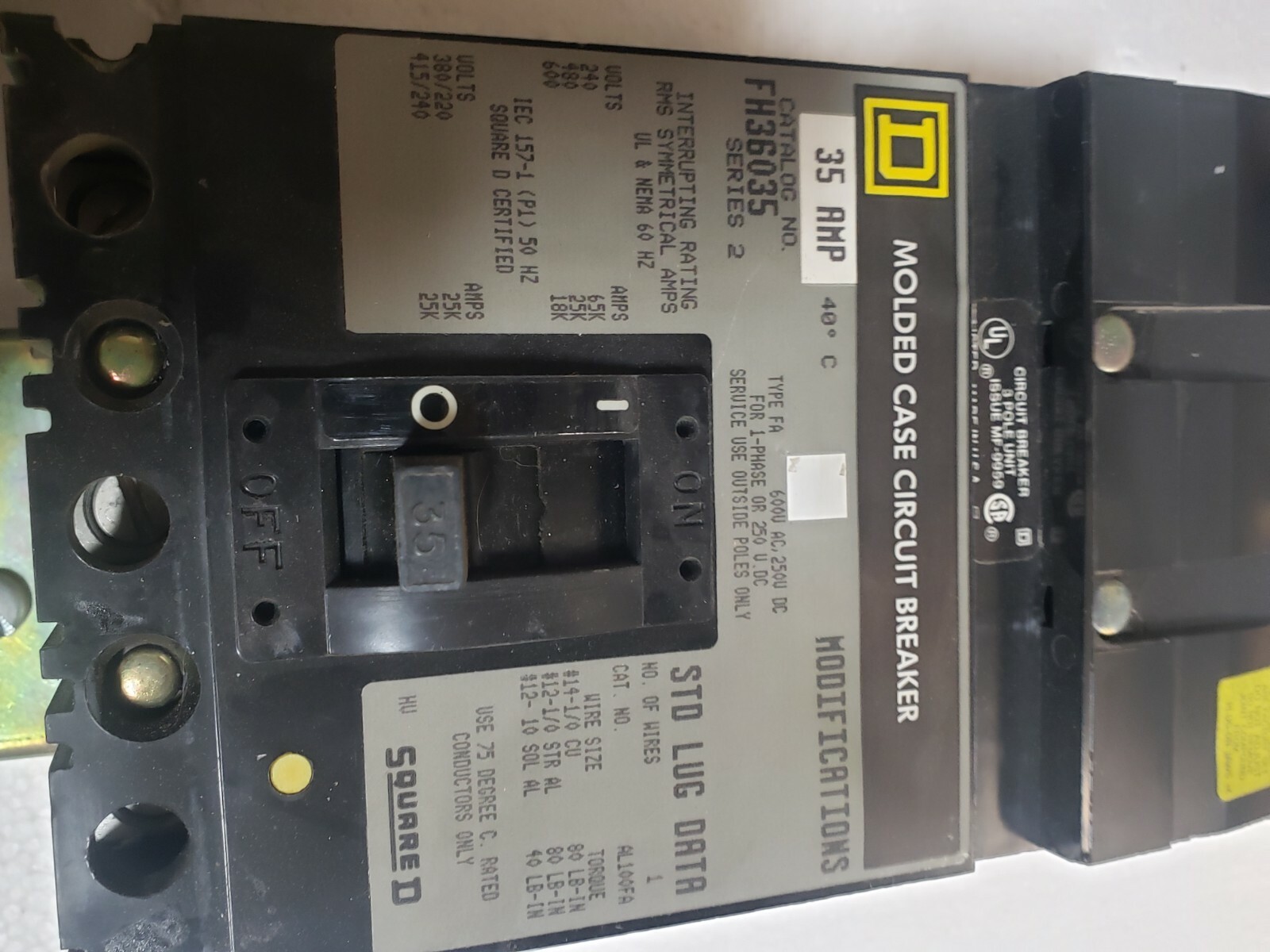 Square D FH36015 I-Line Molded Case Circuit Breaker 15 Amp 600 VAC