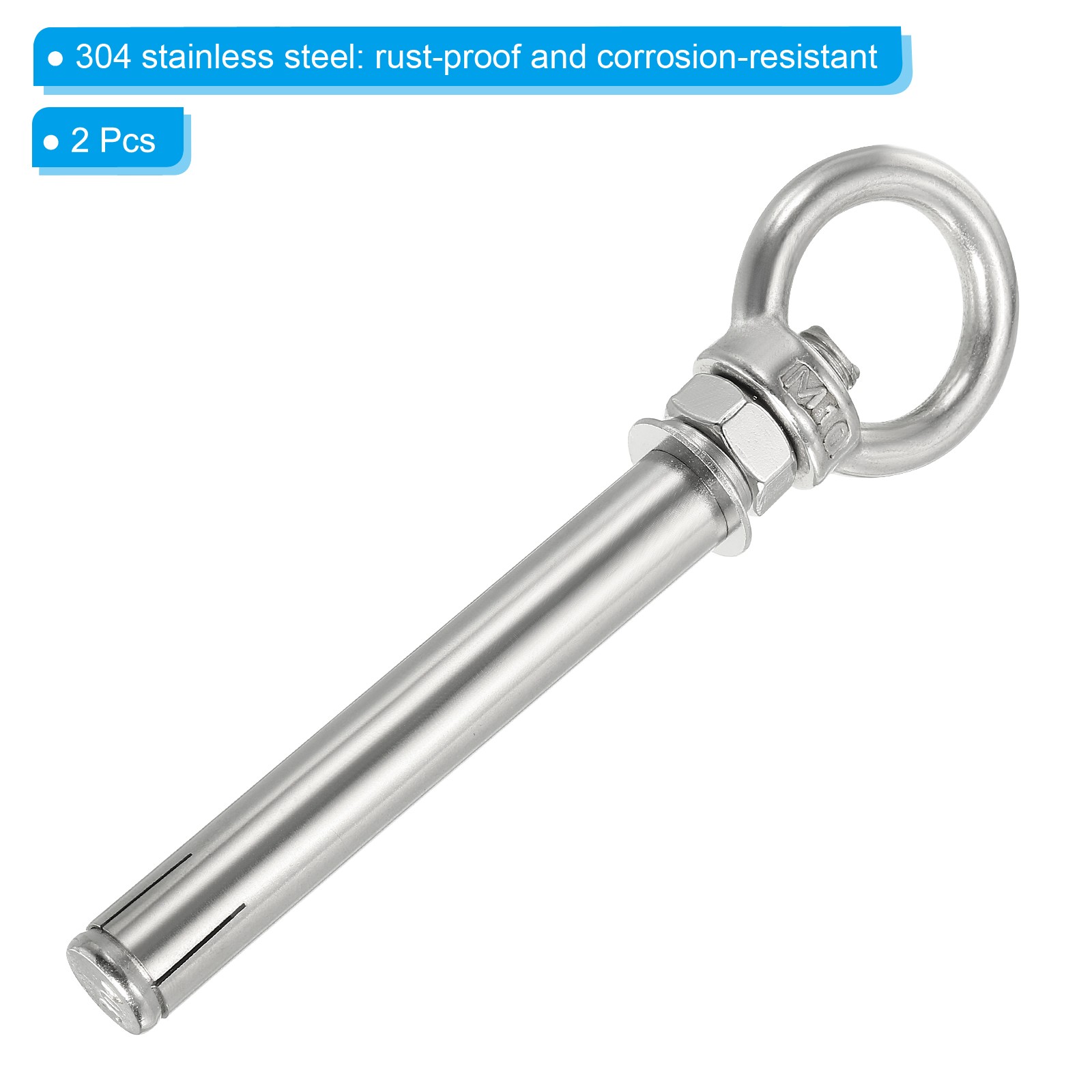 2Pcs Expansion Eye Bolt M10x120mm Stainless Steel Shoulder Eyebolt Silver