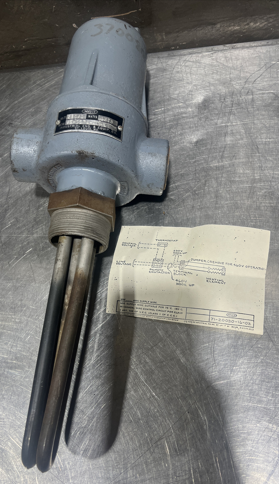 Nos Surplus INDEECO Immersion heater Cat No 25-SSTA-4C-E 230V 1875 Watts 1 ph