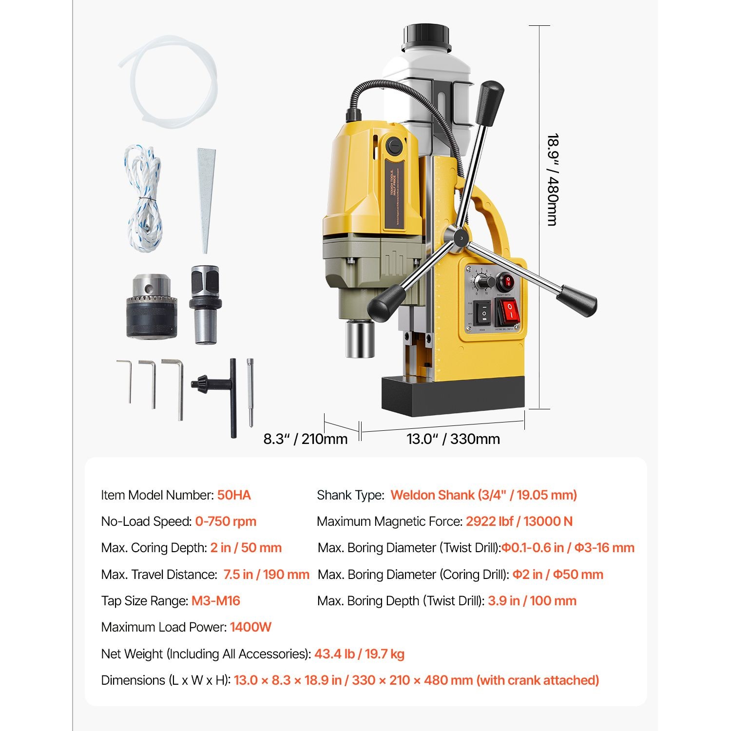 1.88HP Magnetic Drill Press 2in Boring 0-750 RPM 1400W Copper Motor