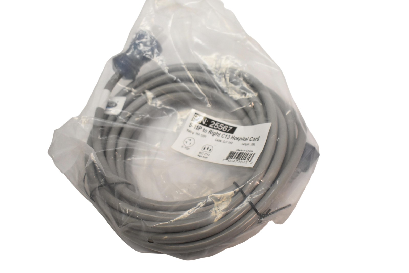 Conntek 5-15P To Right Angle IEC C13 Hospital Power Cord 20FT SJT 14/3 15A 125V