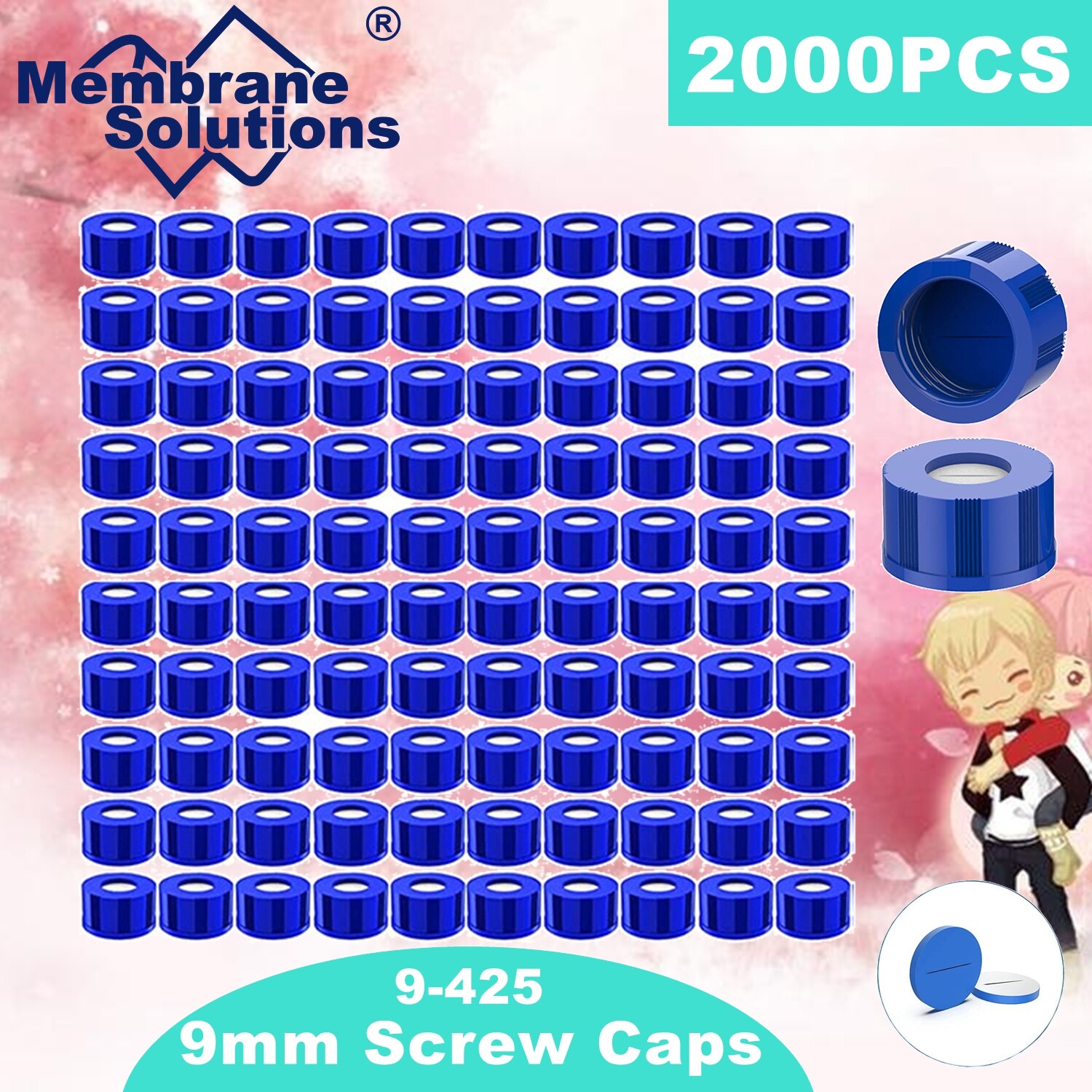 10000pcs Pre-Slit 9-425 Screw-Top Thread Caps 9mm Blue PTFE/White Silicone Septa