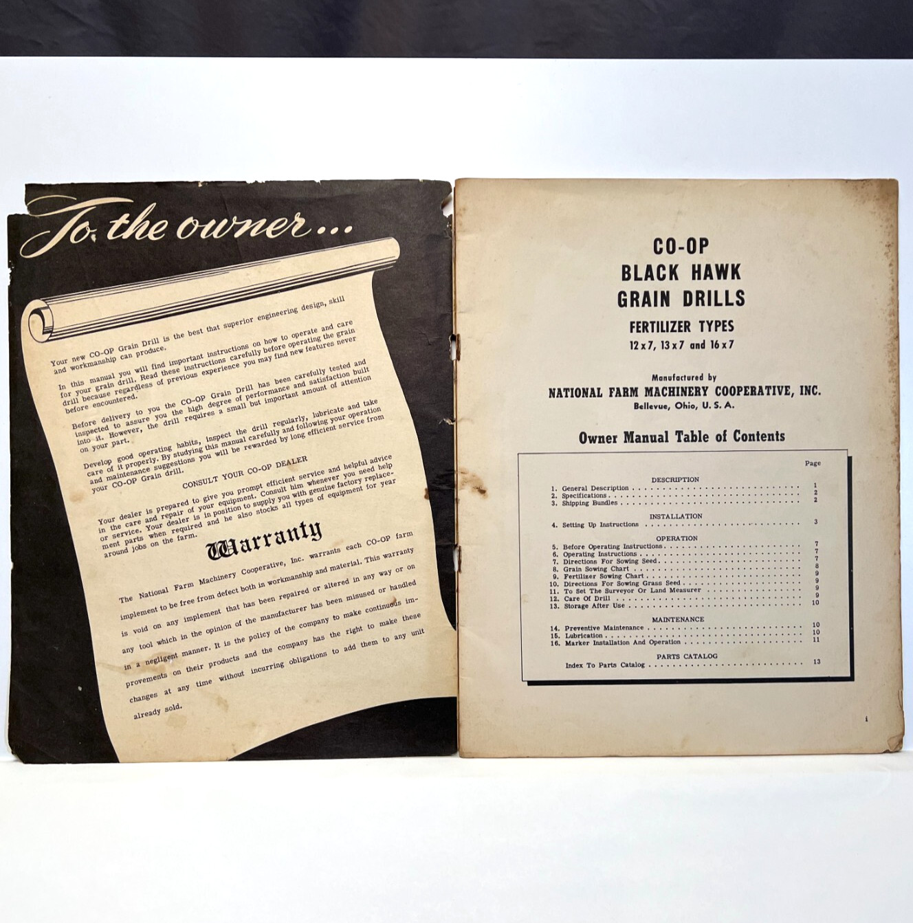 Vintage CO-OP Black Hawk Grain Drill Fertilizer Owners Manual Parts Catalog
