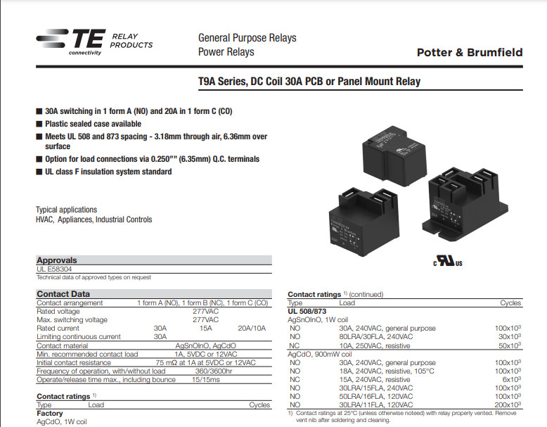 1 pc Potter Brumfiled T9AS1D12-24 SPST Relay 24VDC N.O. 30A at 240VAC, 1 Form A
