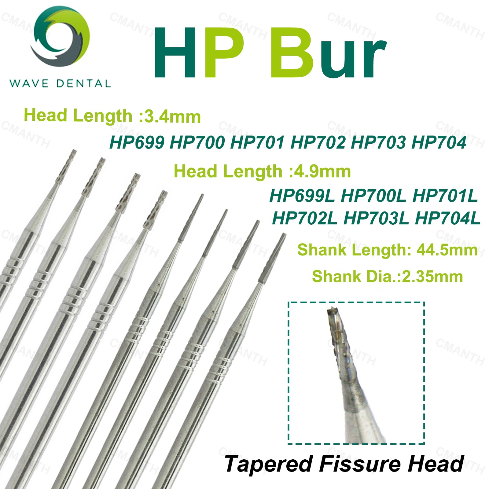 US WAVE Dental Tungsten Carbide Burs Low Speed Bur Tapered Fissure Dia 2.35mm