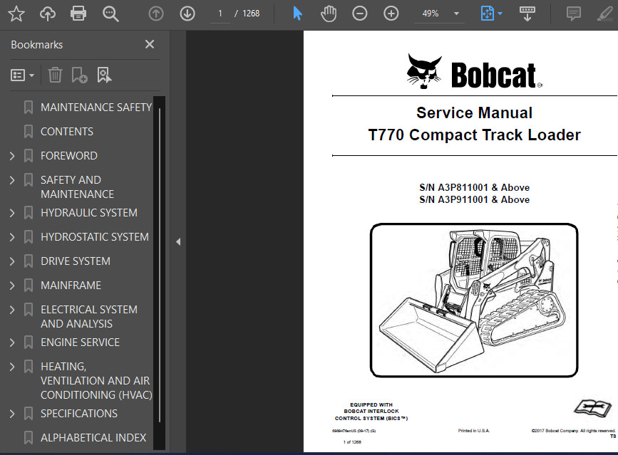 BOBCAT T770 COMPACT TRACK LOADER OPERATORS SERVICE REPAIR SHOP MANUAL PDF USB
