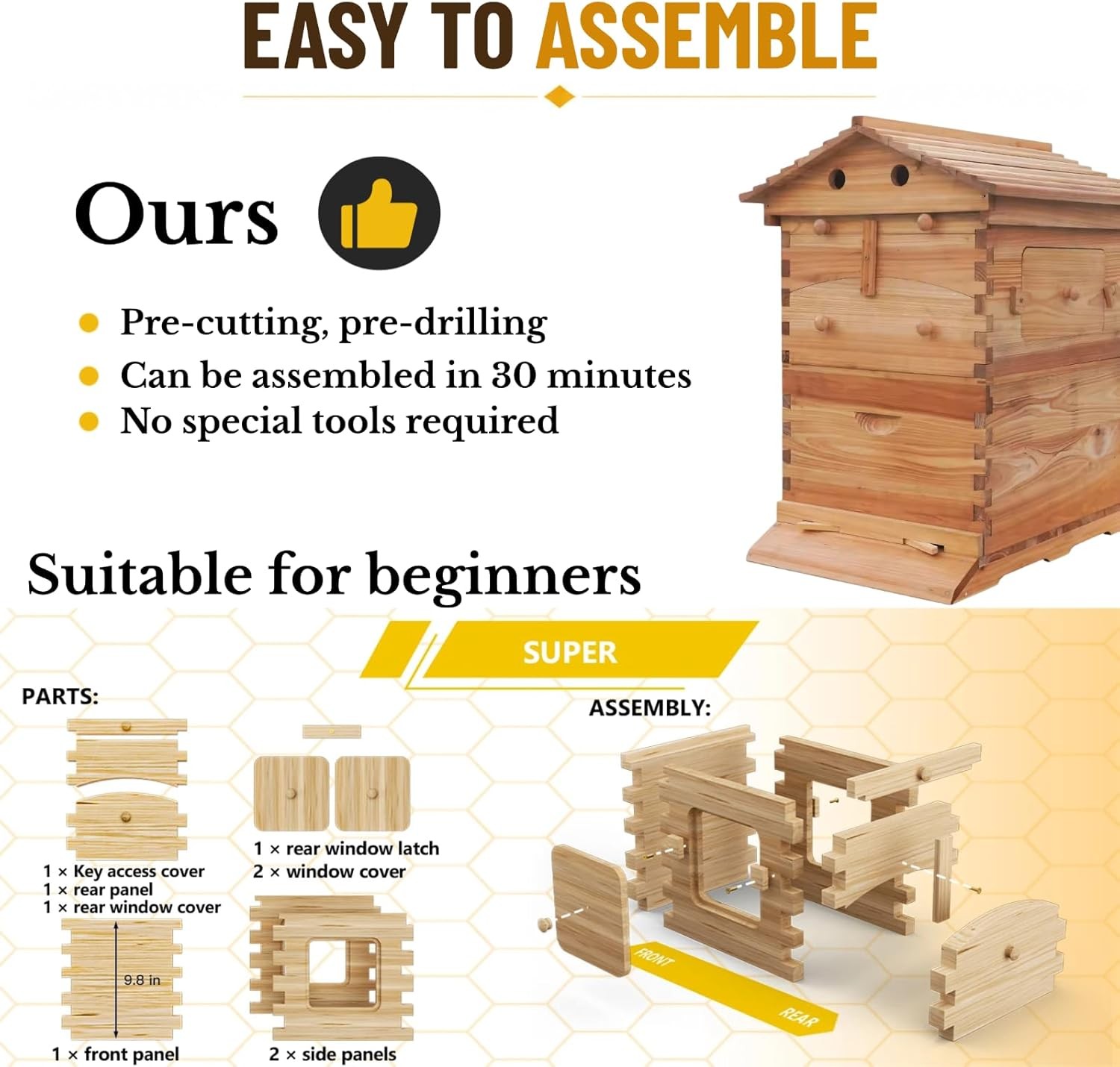 Automatic Beehive Starter Kit with 7 Gravity Auto hive Frames for Beekeeping