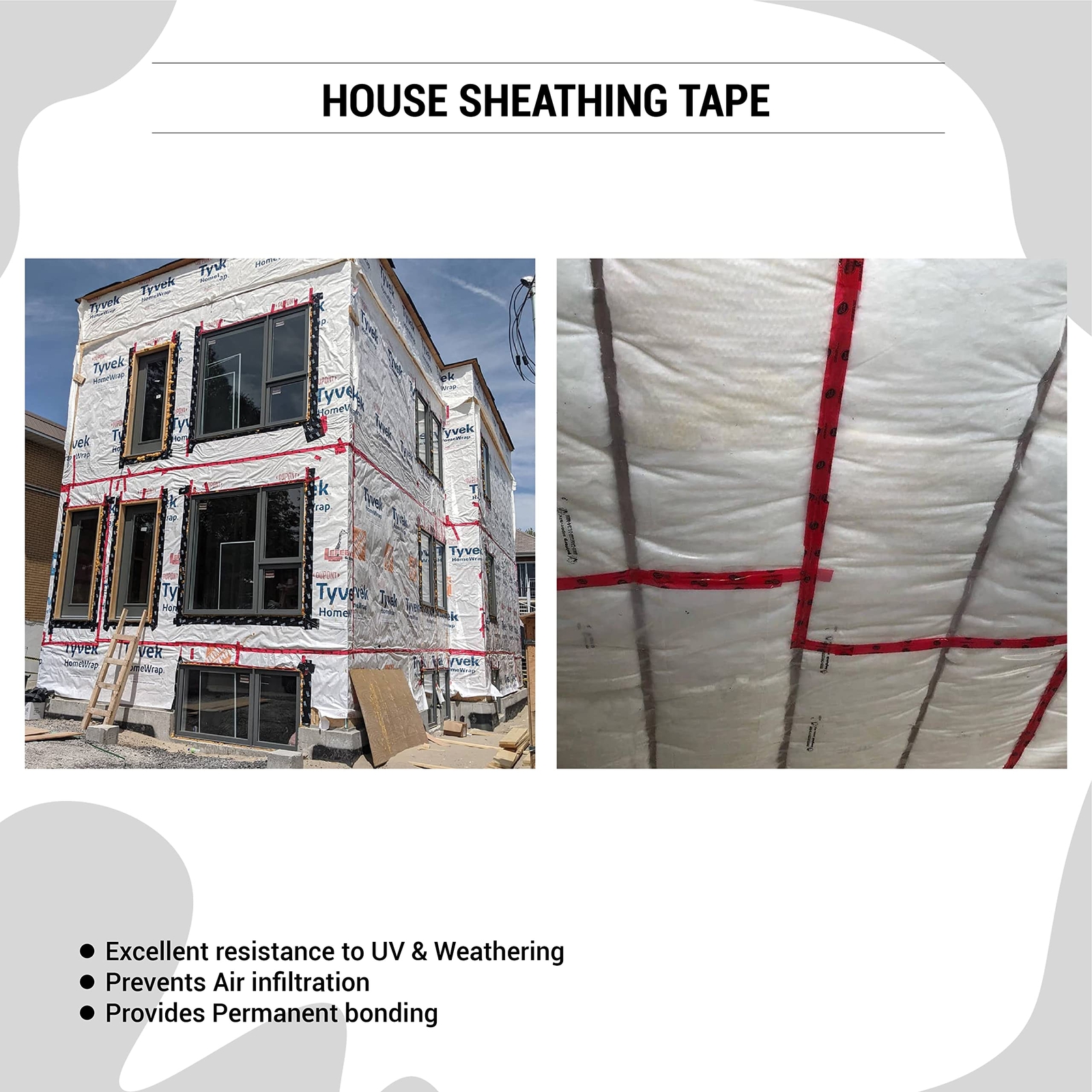 Red Adhesive Tape 2.4 In x 180 Ft UV Resistant Insulation Sheathing Sealing Tape