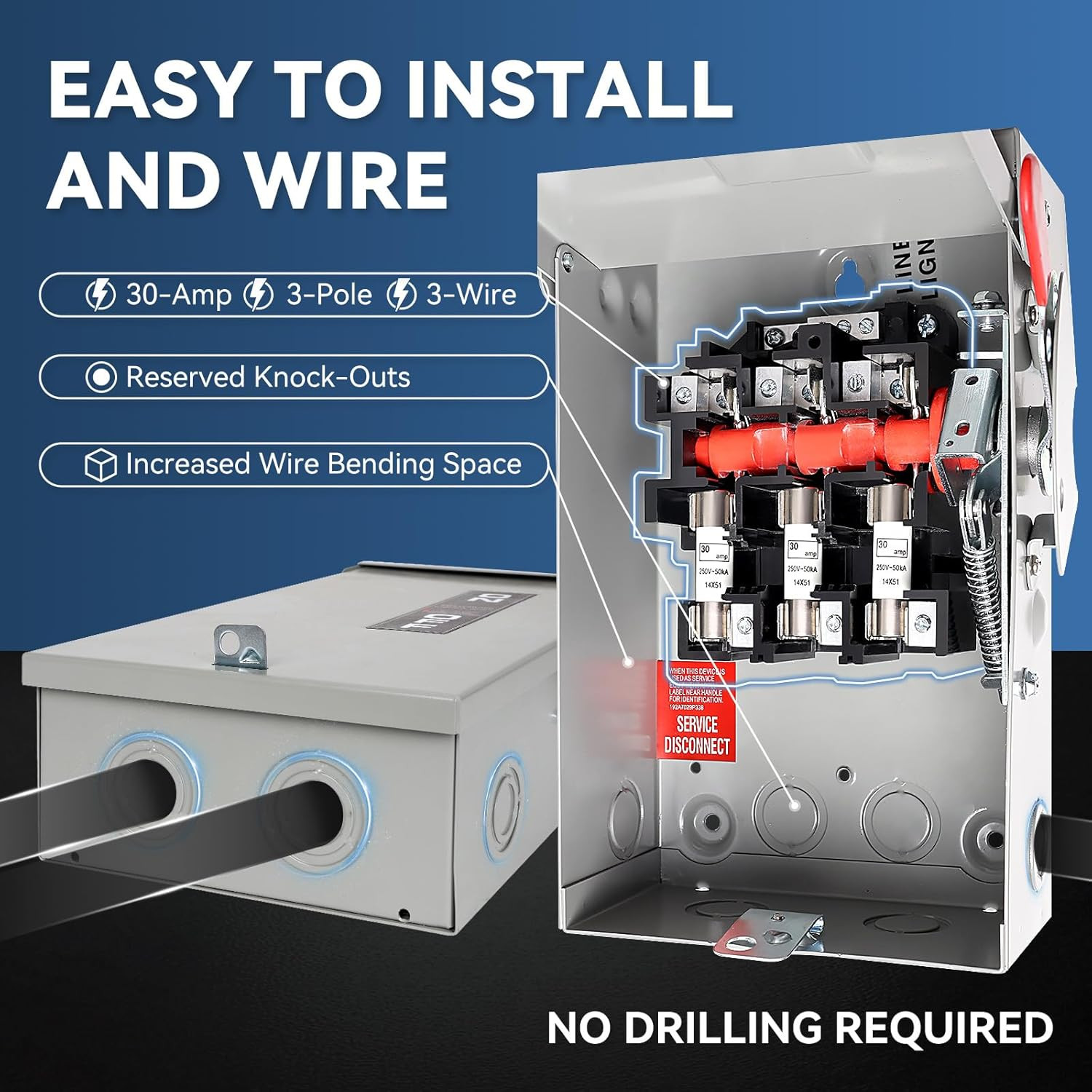 3P 30 Amp Fused Disconnect, 3 Phase Disconnect, 110/240V, Heavy Duty Metal Struc