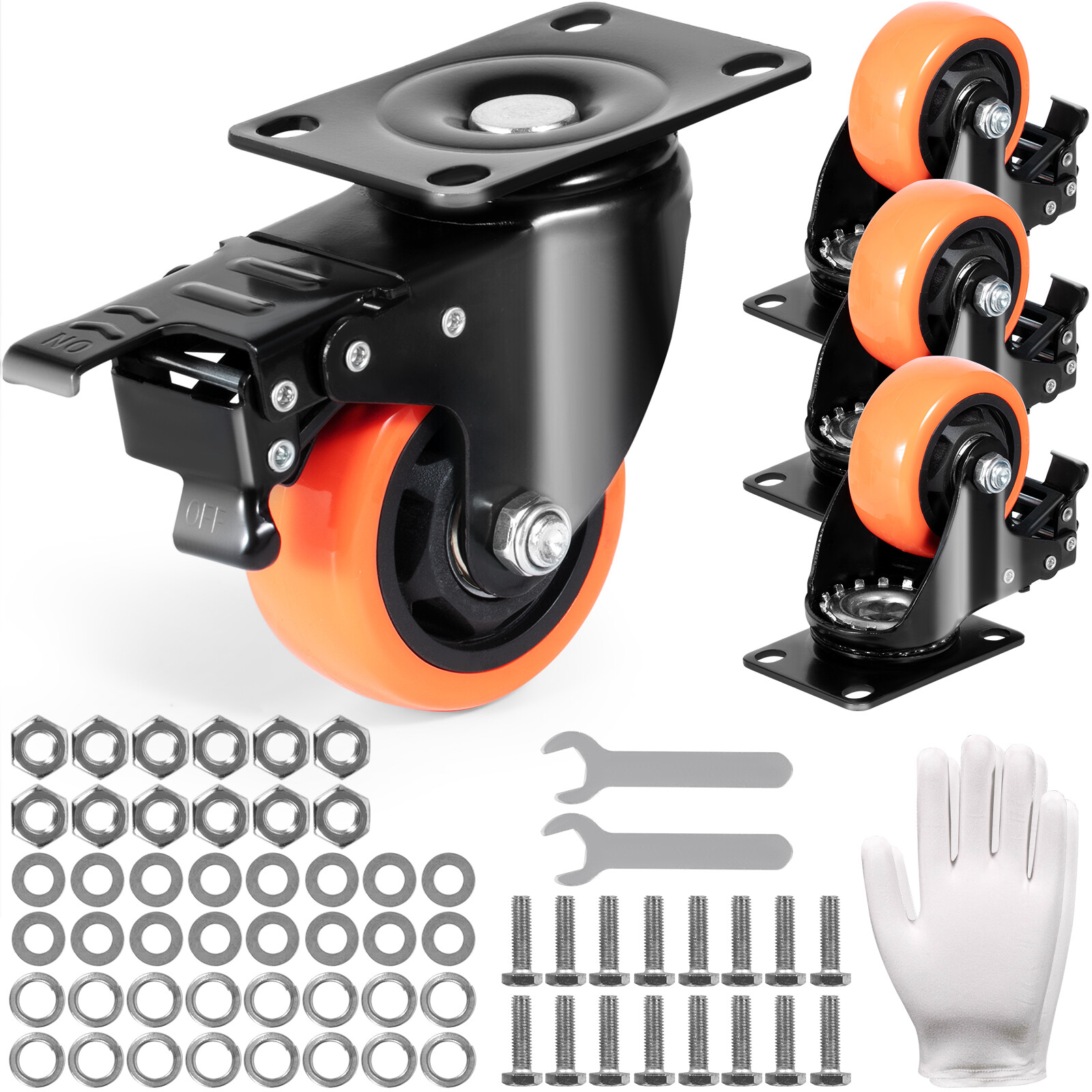 VEVOR Caster Wheels Swivel Plate Casters 4 Pack 3″ Heavy Duty with Locking Brake