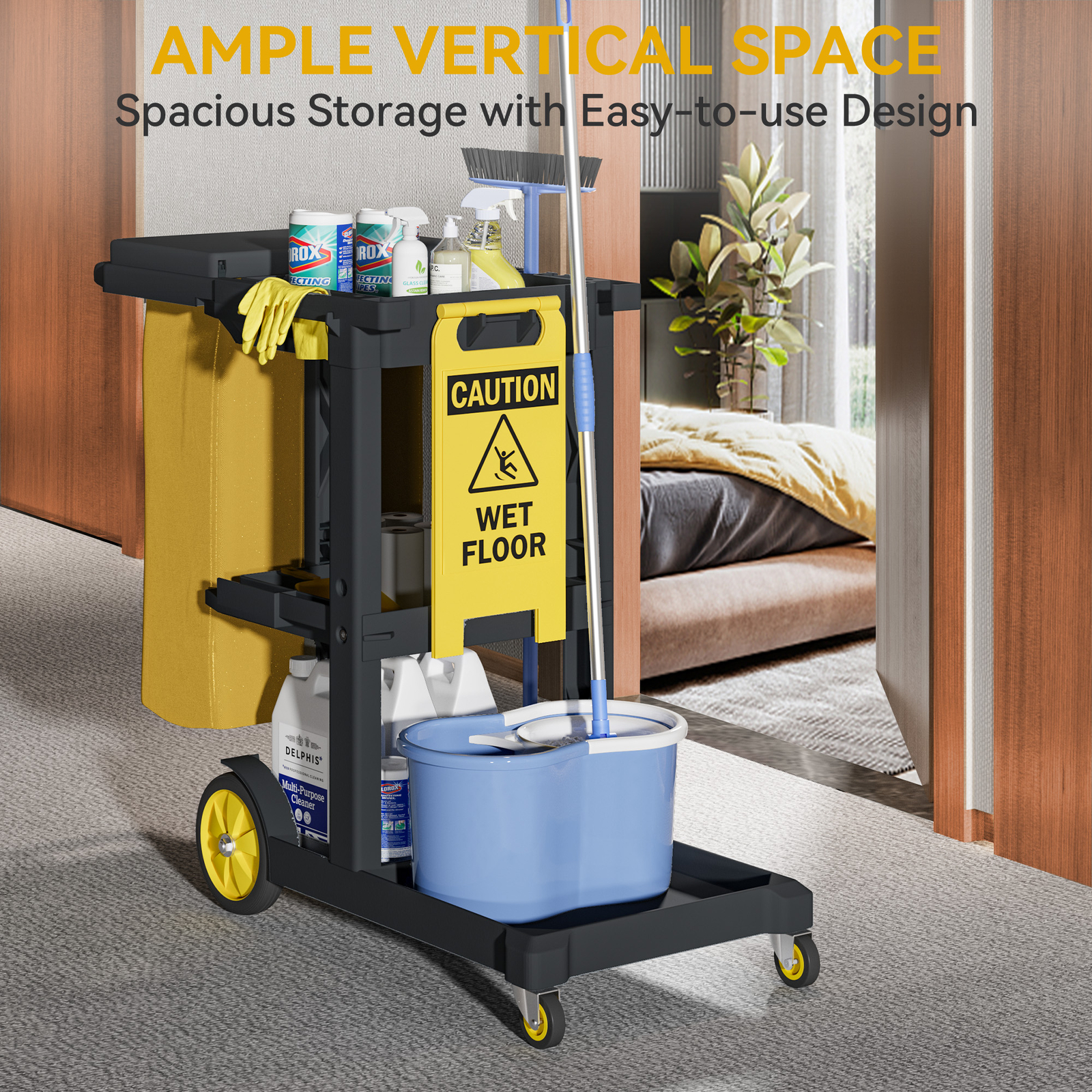 HOMIFLEX Cleaning Cart 3-Shelf Commercial Traditional Janitorial Cart w/PVC Bag