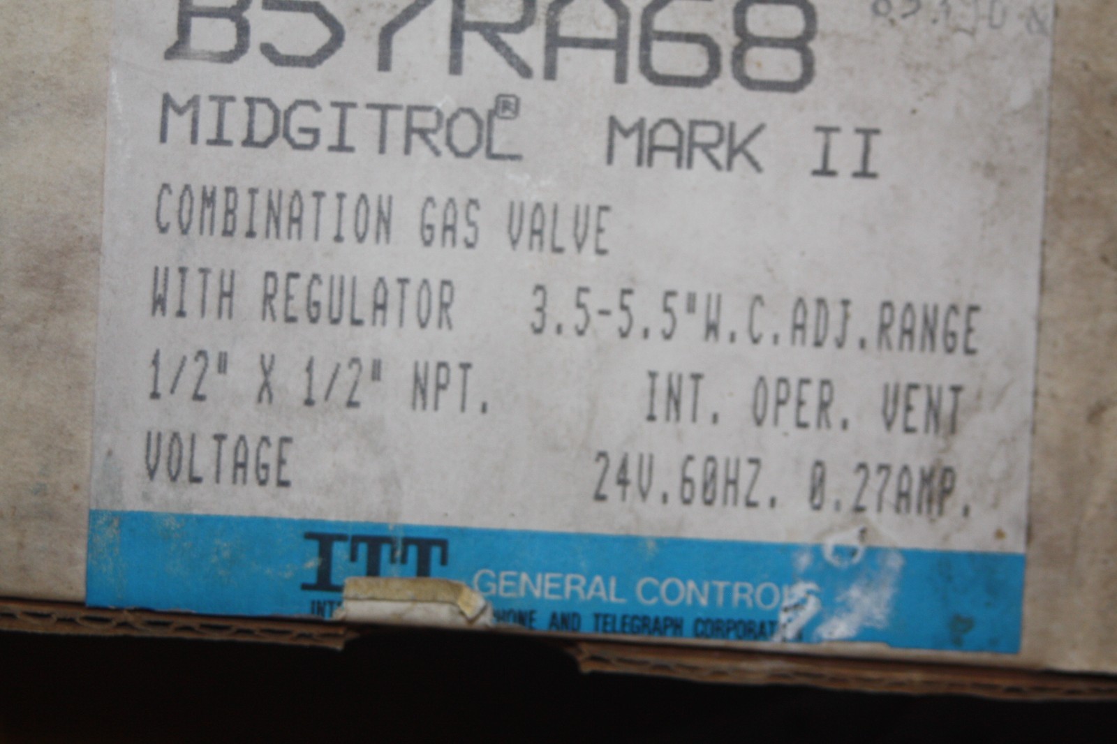 NOS ITT B57RA68 Midgitrol Mark II 24V Combination Gas Valve w/ Regulator