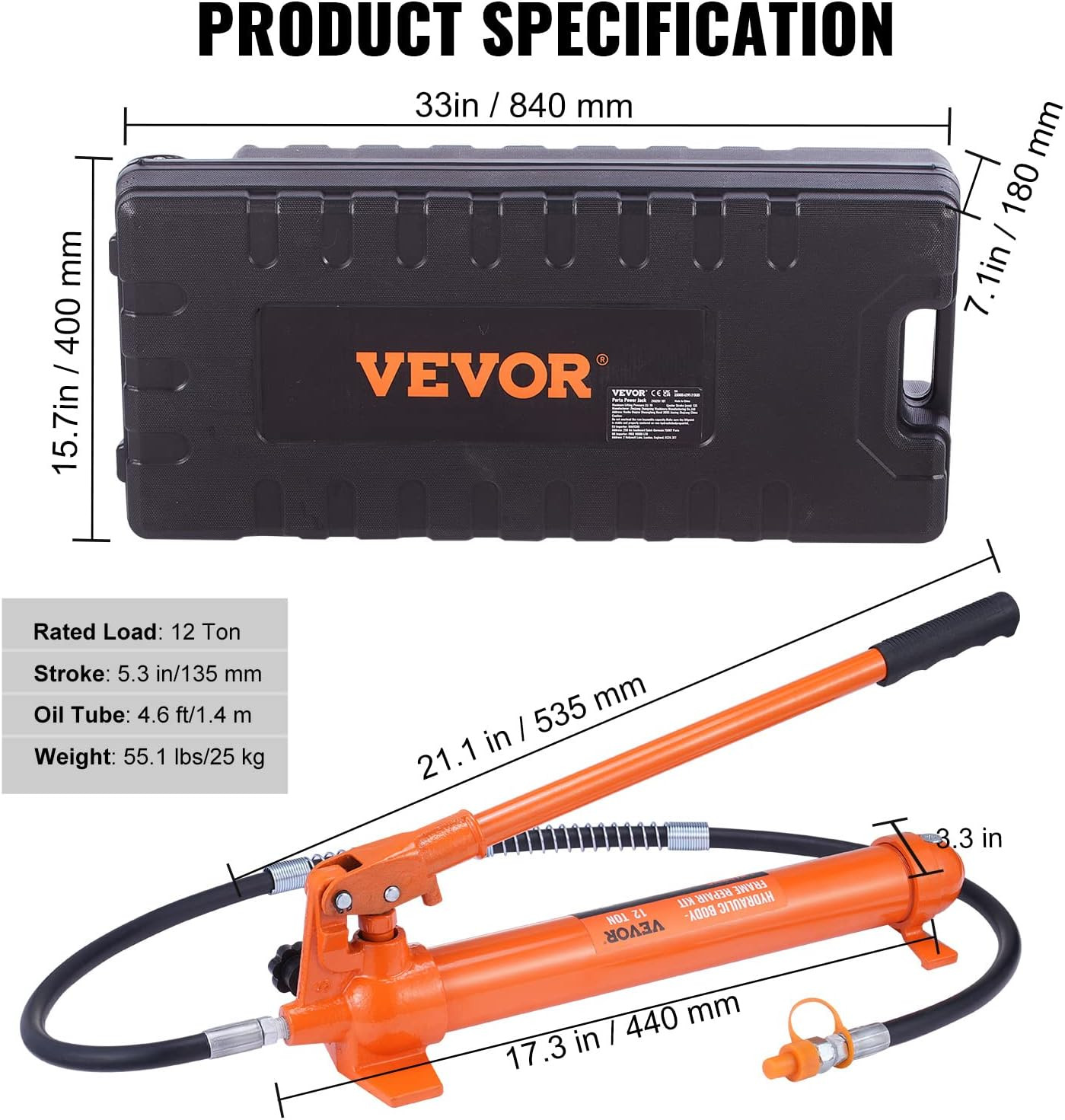 12 Ton Porta Power Kit, Hydraulic Ram with Pump with 4.6 Ft/1.4 M Oil Hose, Port