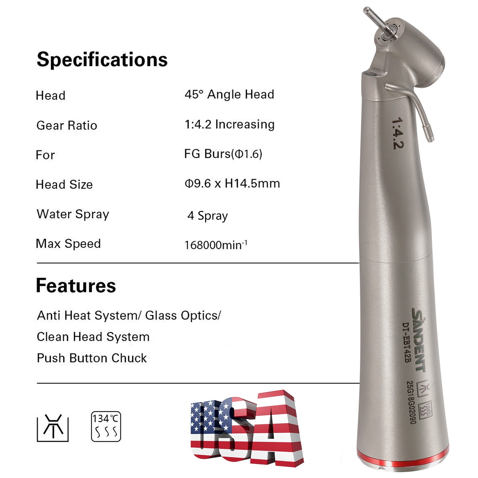 SANDENT Handpiece LED 1:4.2 Contra Angle 45° Surgical External Spray