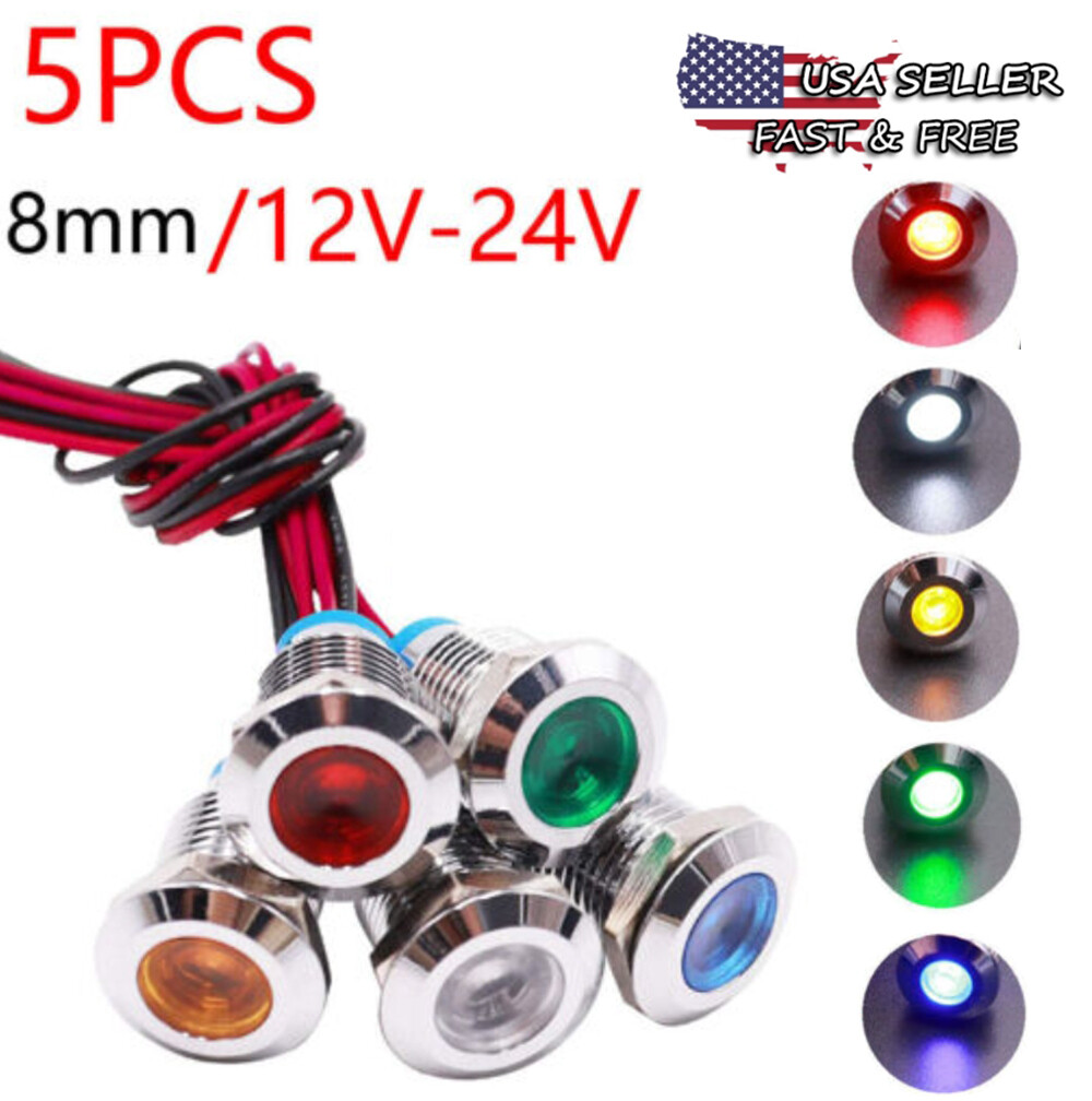 8mm 12/24V 1/2″ LED Metal Indicator Light Signal Lamp Waterproof 5PCS